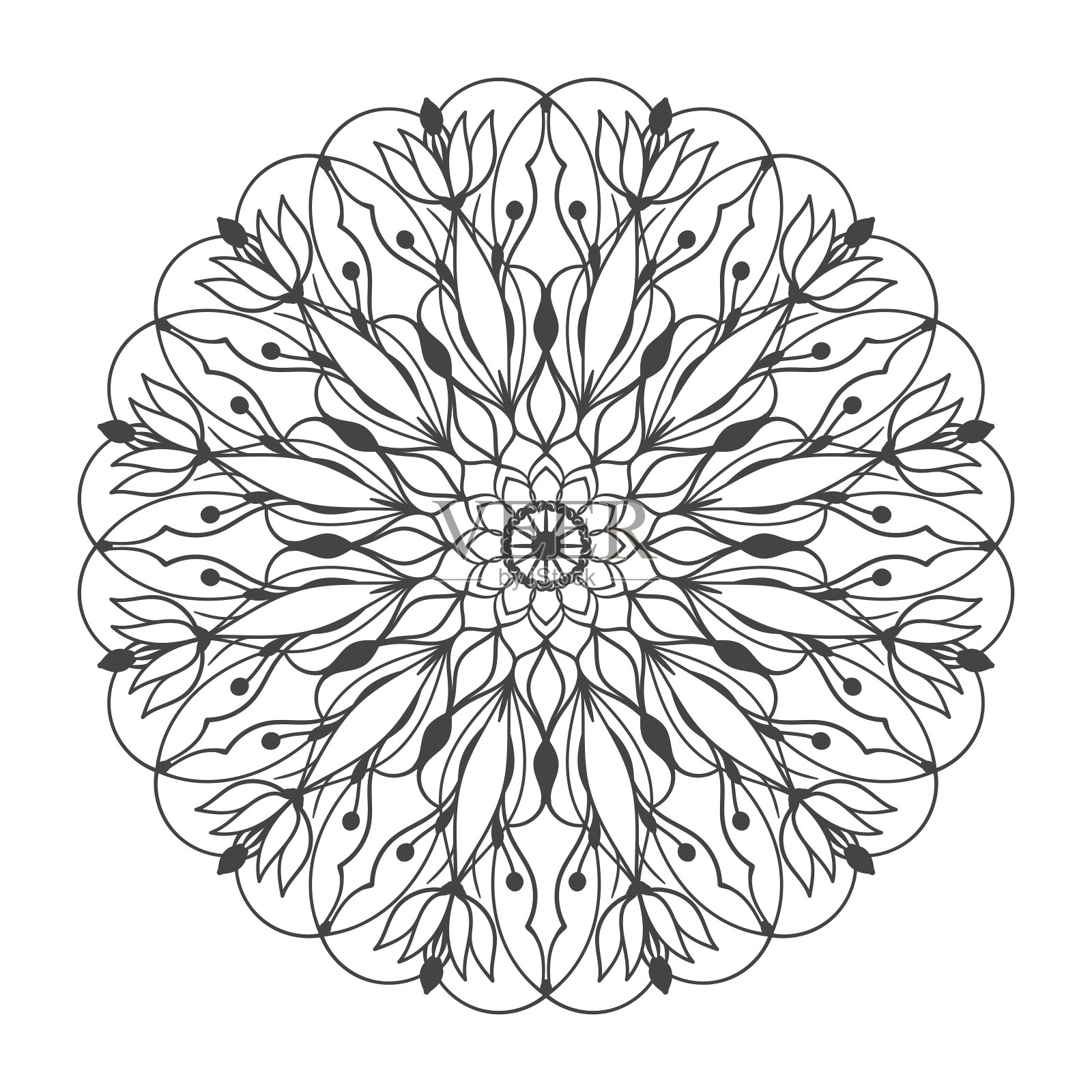 矢量曼荼罗涂色书页。华丽的圆形花花边轮廓黑色轮廓在白色。花卉,自然元素,几何对称,民族风格,圆形花边图案,艺术模板。插画图片素材