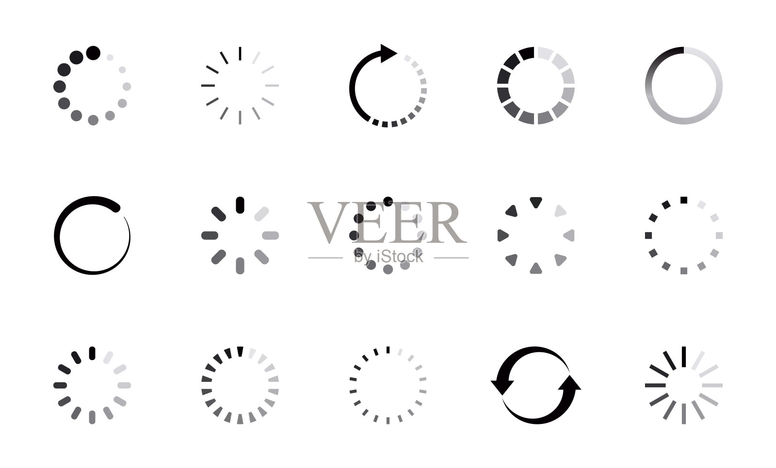 加载图标集。加载圆形图标。下载指示牌。进度加载条。上传的象征。加载程序图标。矢量插图。图标素材