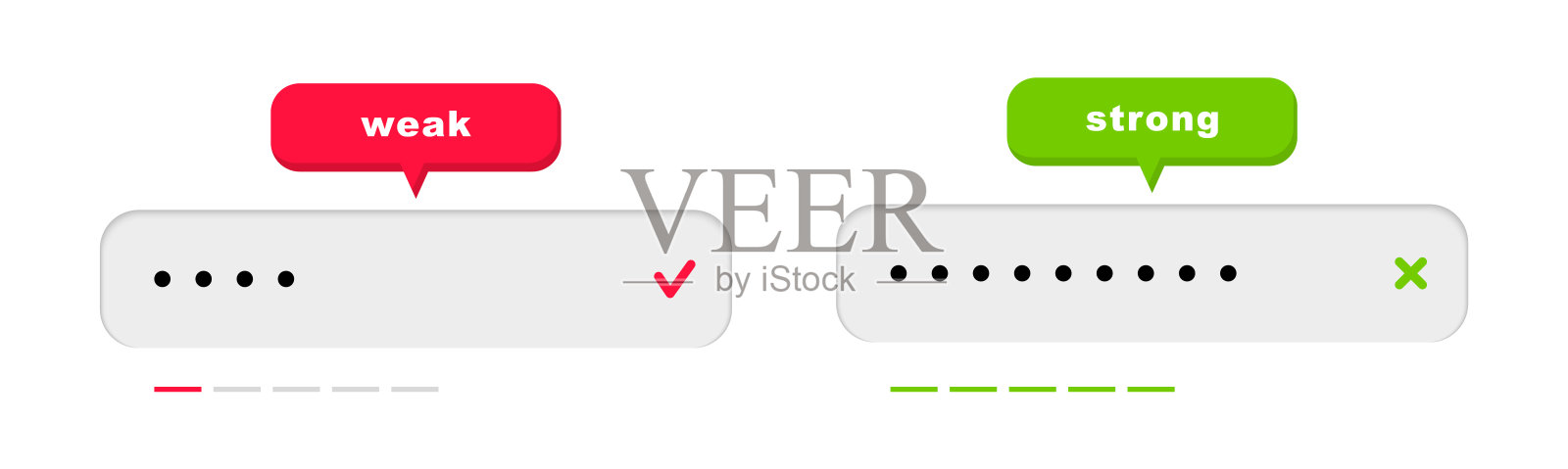 密码安全。密码弱和强模板的网站。授权的概念。用于帐户注册的密码安全表单。用户数据保护。矢量插图。设计模板素材