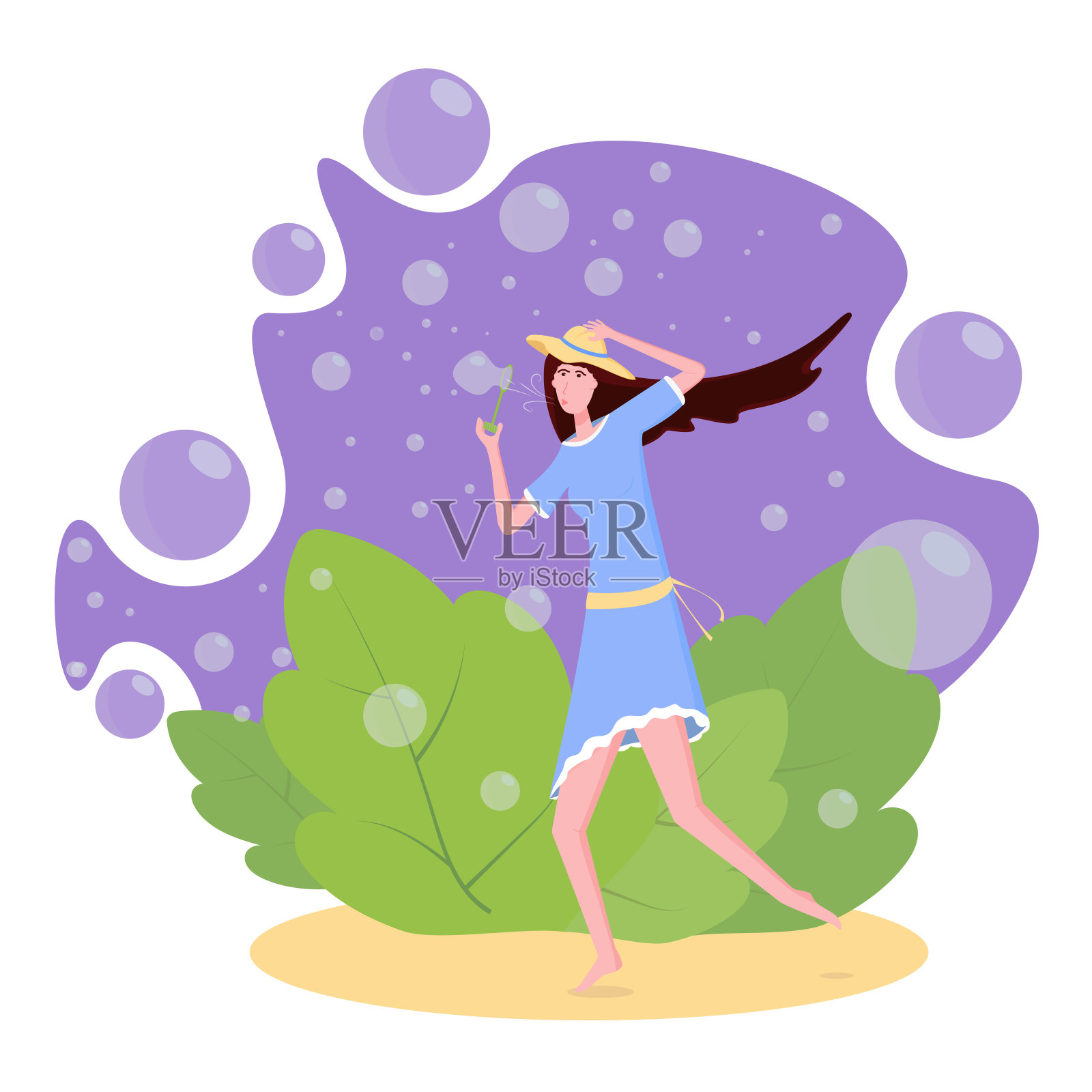 女孩吹肥皂泡矢量插图插画图片素材