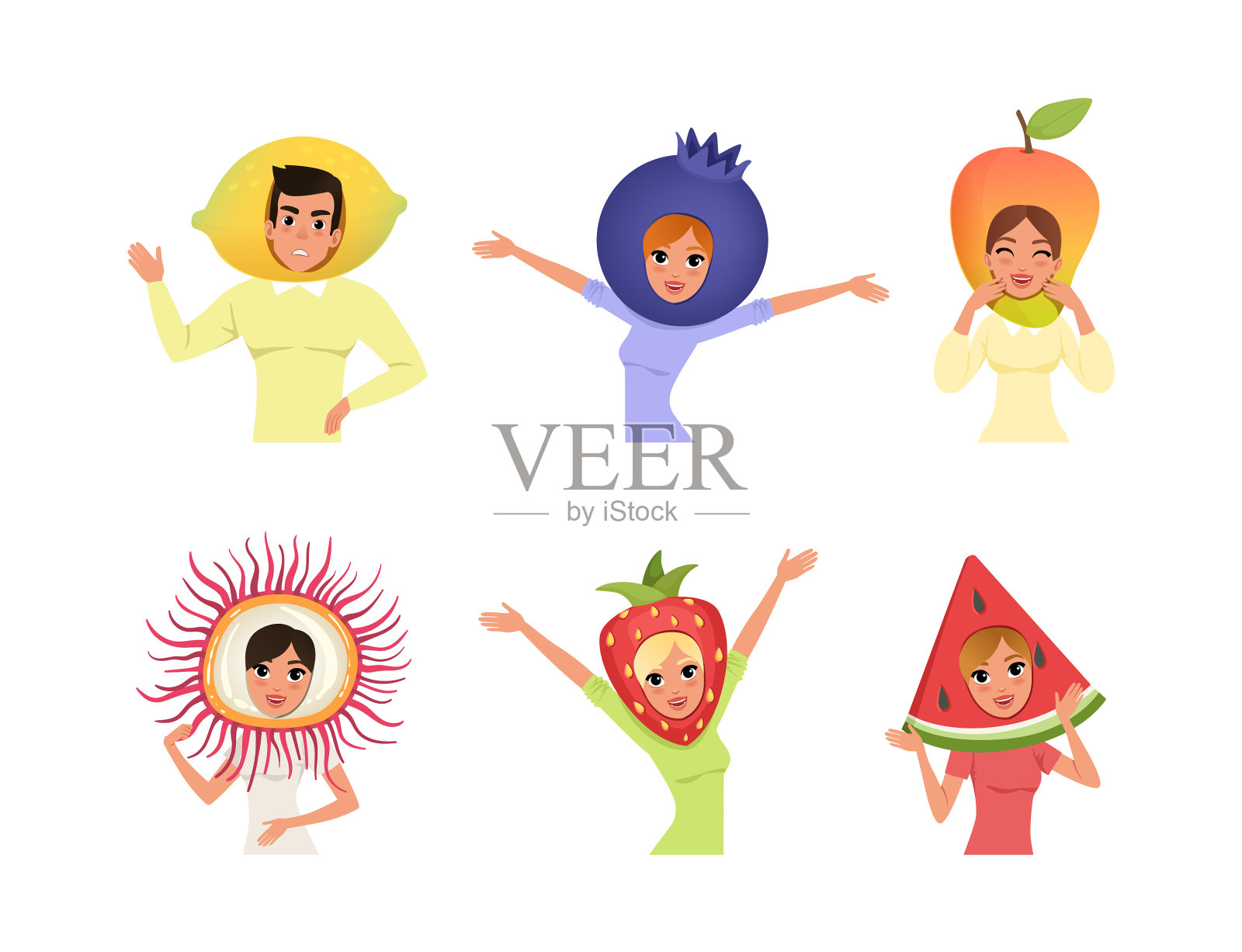 戴着水果头饰的人把男人和女人集合起来插画图片素材