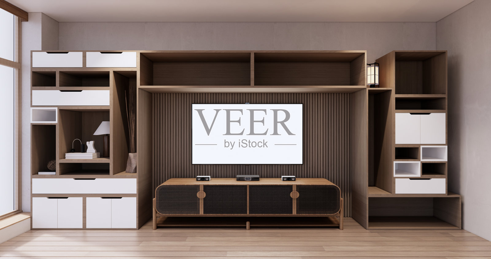 极简客厅日式风格设计上的构思箱壁架。照片摄影图片