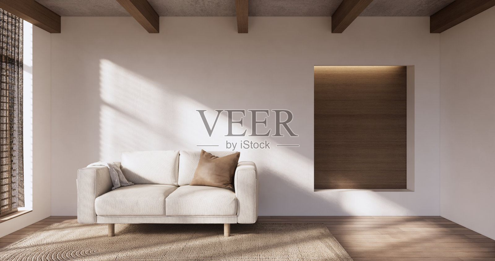 极简无印良品风格,空木质房间,清洁日式房间内部。照片摄影图片