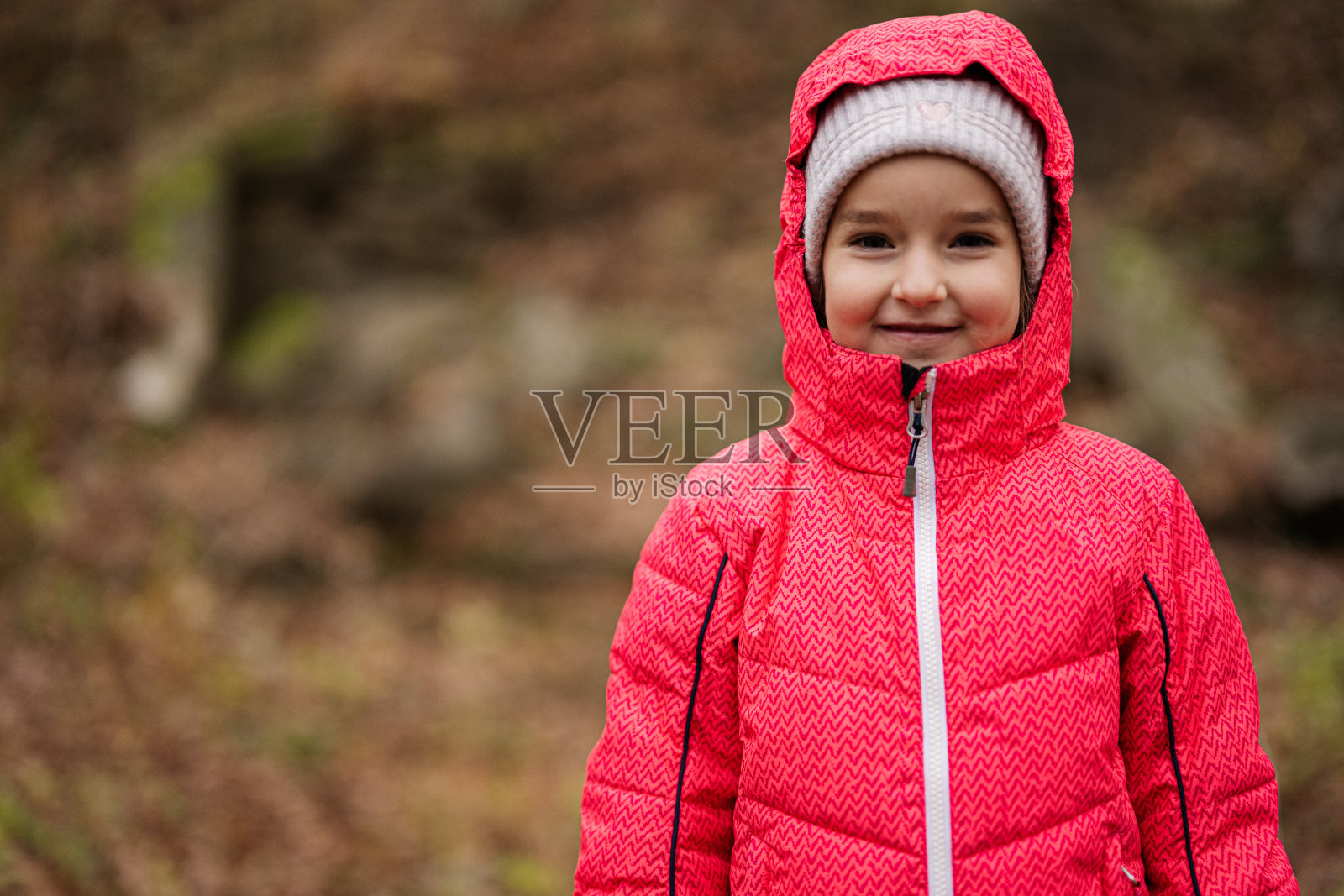 在秋天的森林里,穿着粉色连帽夹克的女婴的肖像。照片摄影图片