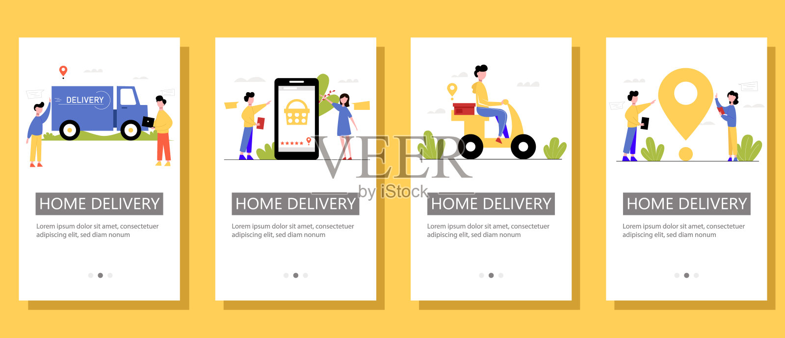 附有卡通人物的派递服务单张。矢量插图。设计模板素材