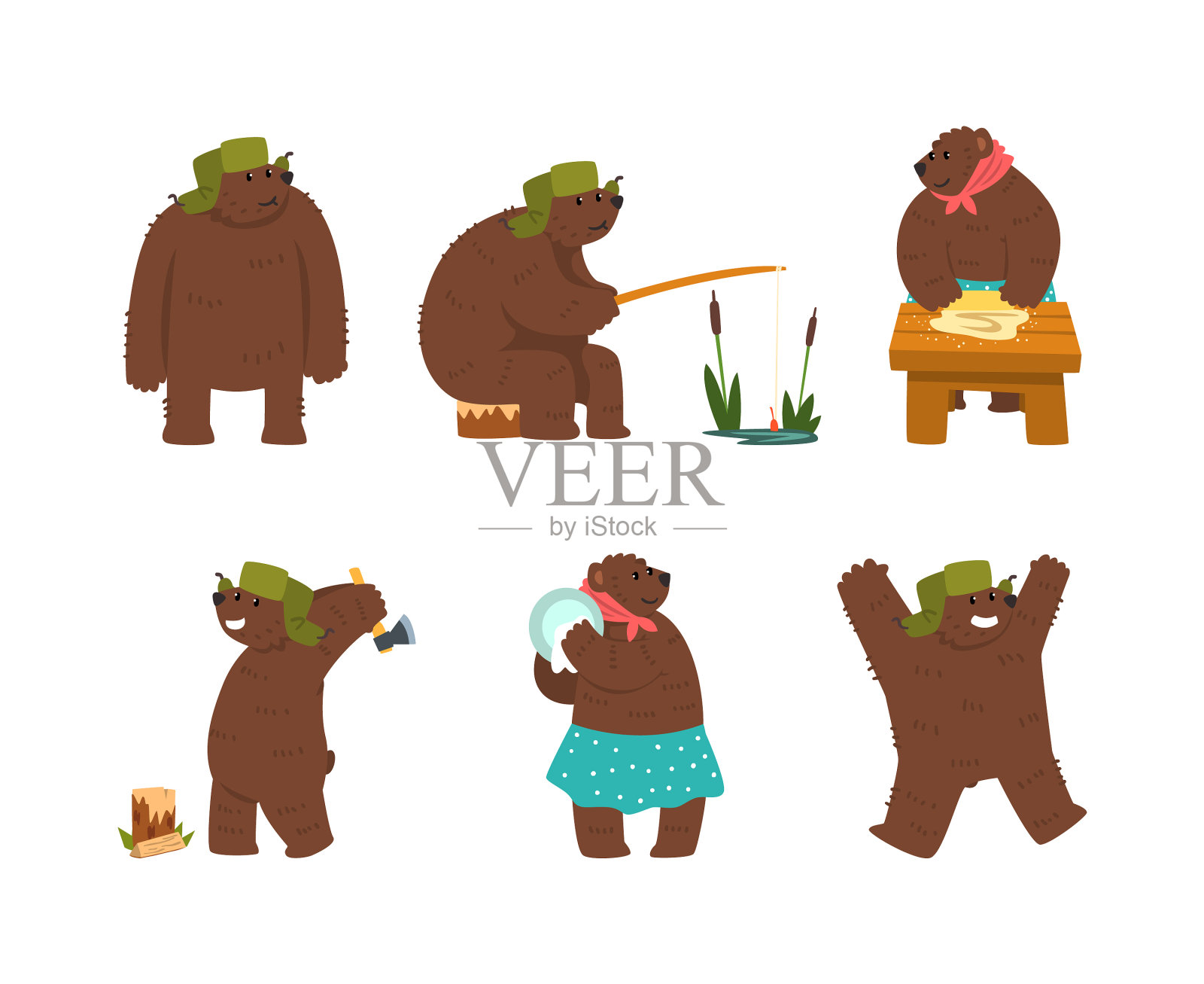 人性化的棕熊人物在帽子与插画图片素材