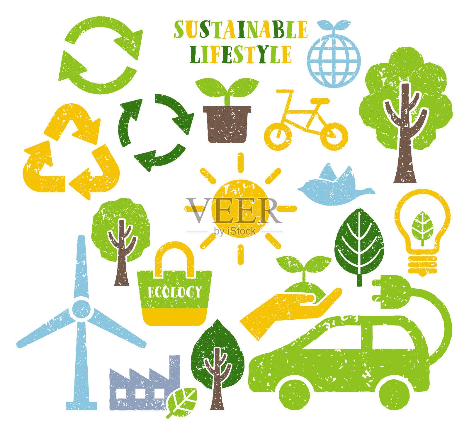 粗糙的纹理图标集,可持续的生活方式的图像插画图片素材