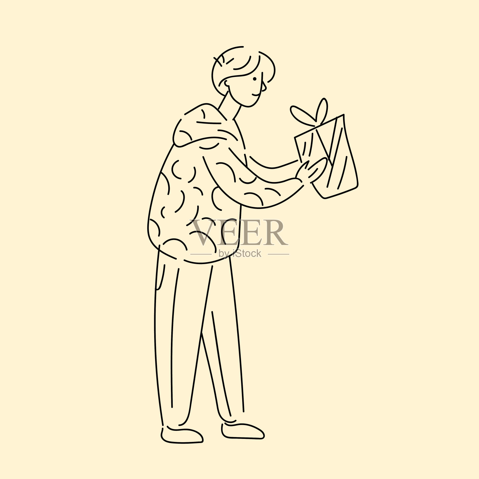 一个年轻人看着他的前面,手里拿着一个盒子。矢量线性插图绘制的手。插画图片素材