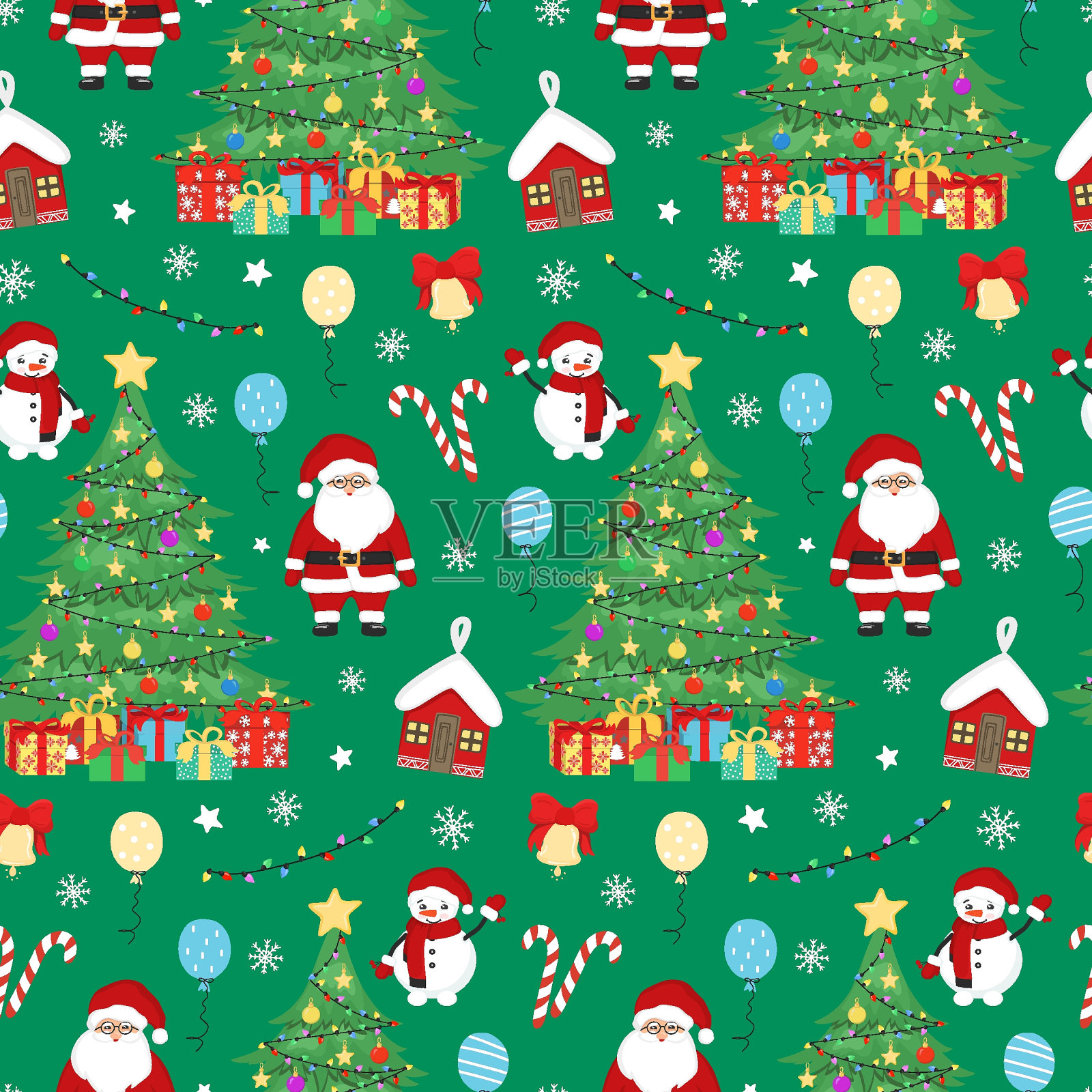 手绘无缝图案圣诞树,圣诞老人,装饰圣诞球,雪人,礼物,雪花。祝福新年和圣诞插图贺卡,壁纸,包装纸插画图片素材