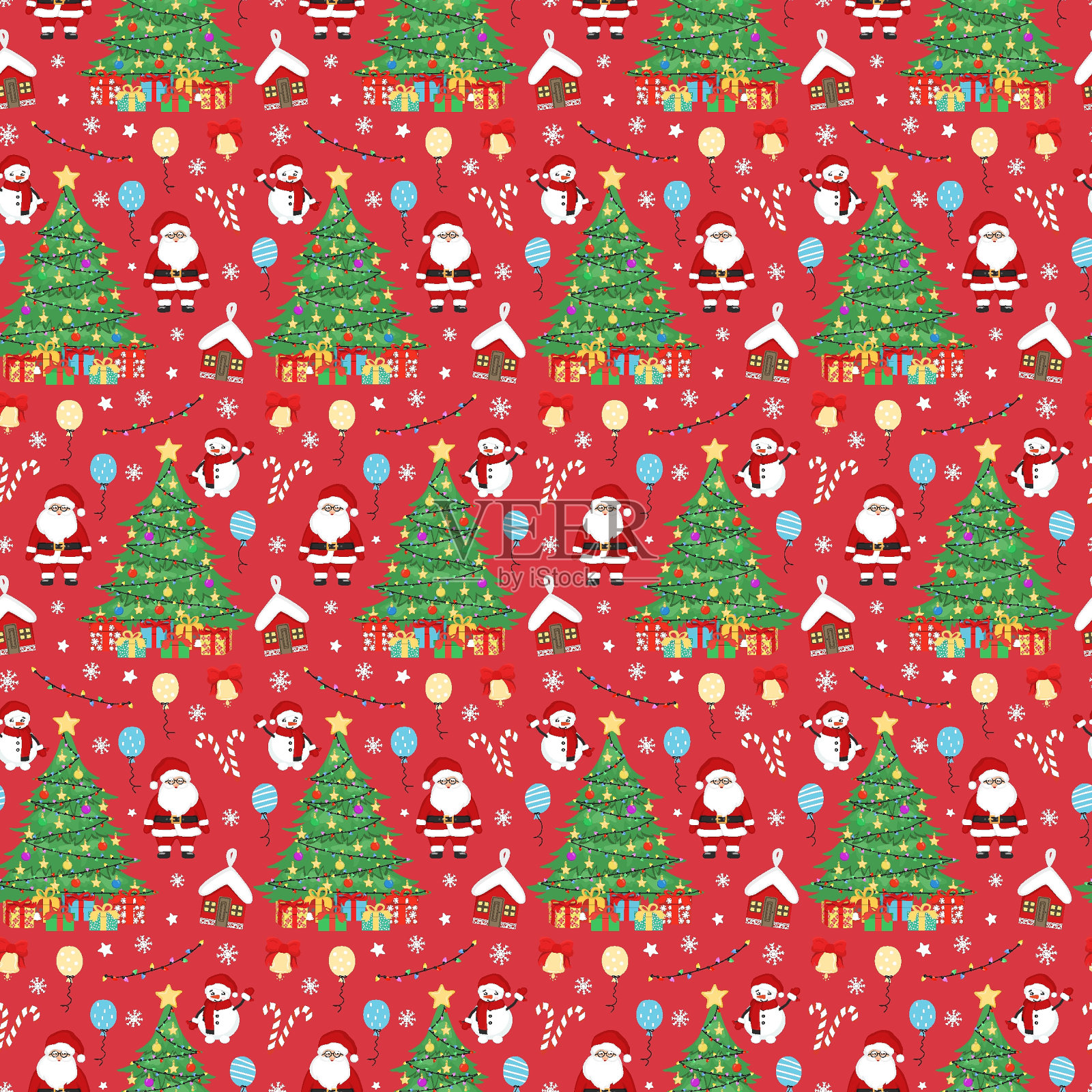 手绘无缝图案圣诞树,圣诞老人,装饰圣诞球,雪人,礼物,雪花。祝福新年和圣诞插图贺卡,壁纸,包装纸插画图片素材