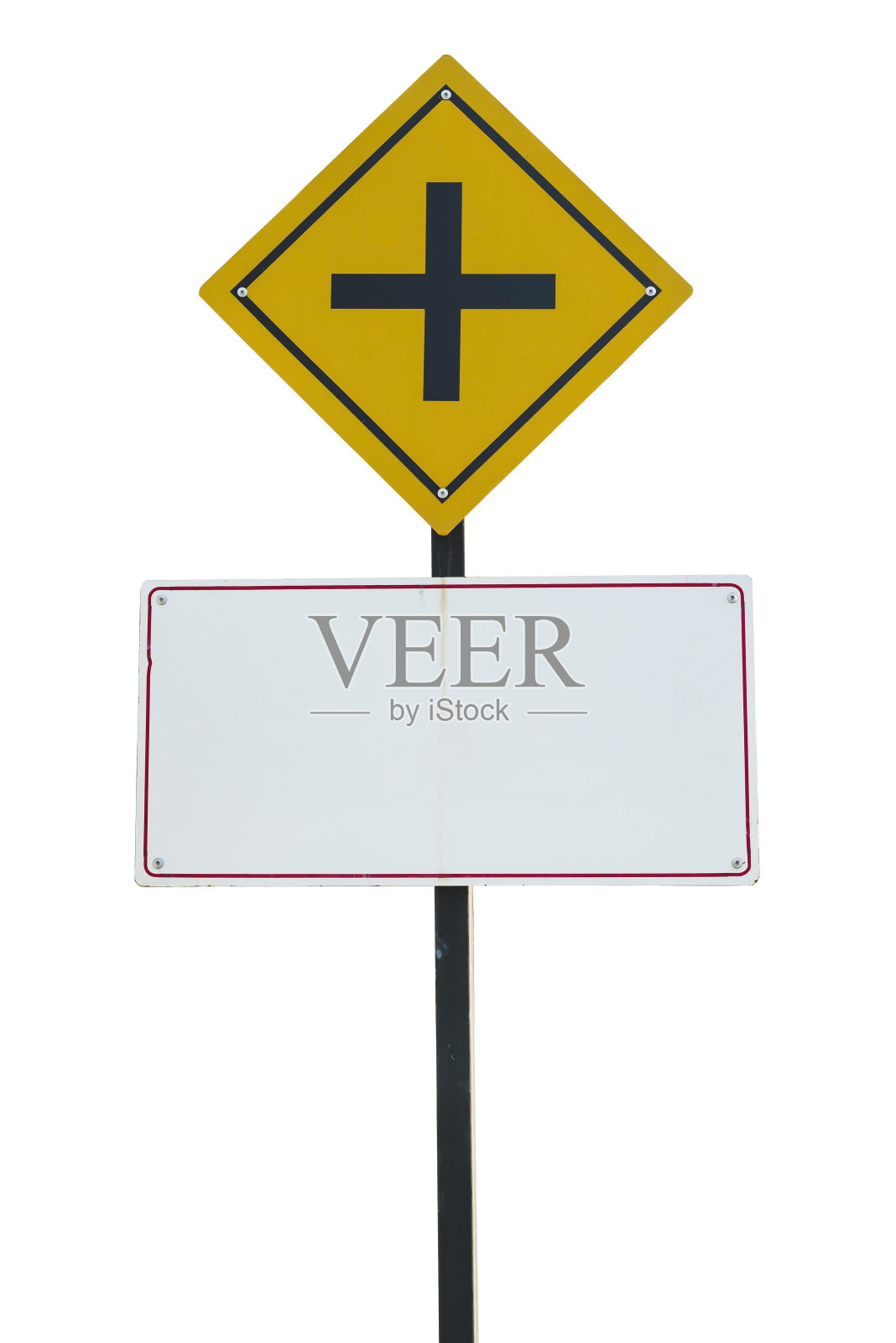 前方十字路口的交通标志被隔离在白色背景上照片摄影图片