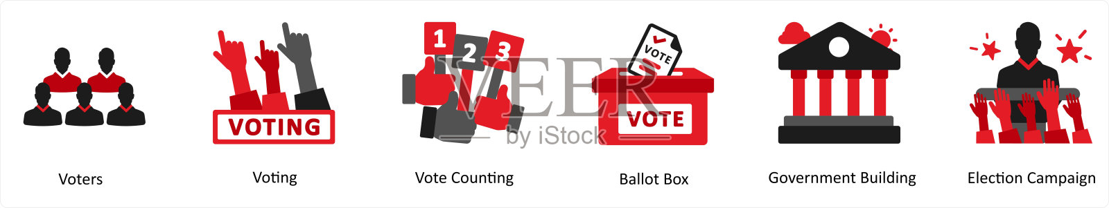 六个红色和黑色的选举图标代表选民,投票,计票插画图片素材