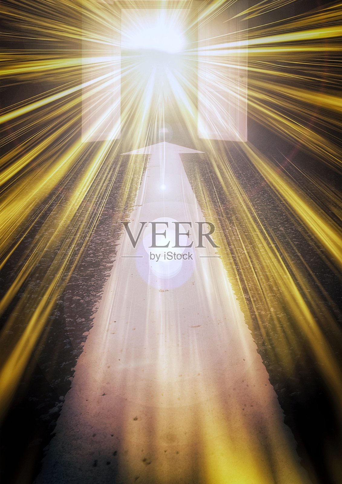 道路上的一个箭头指向一扇敞开的门的3d插图照片摄影图片