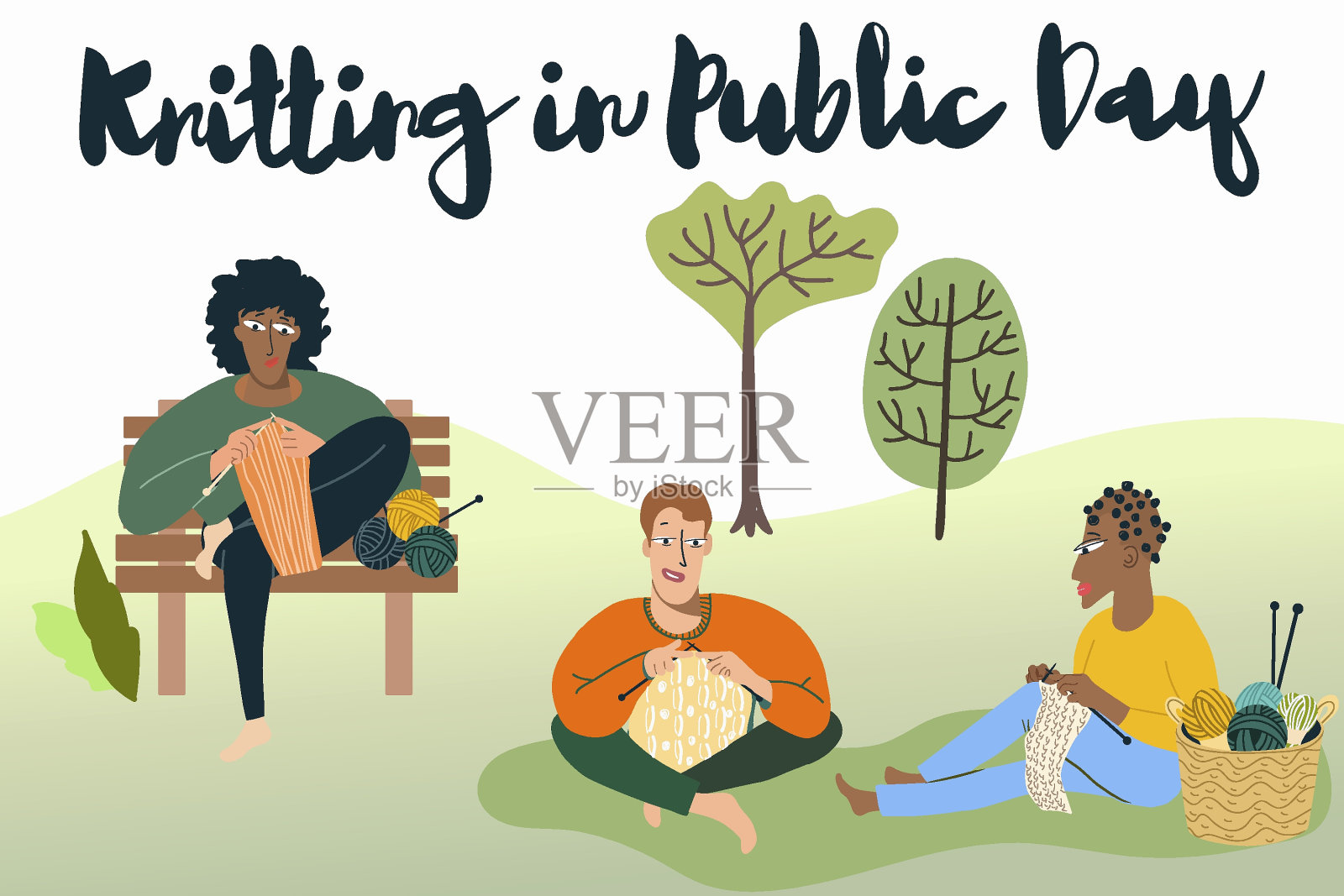 在公园长椅或草地上编织的男女插画图片素材