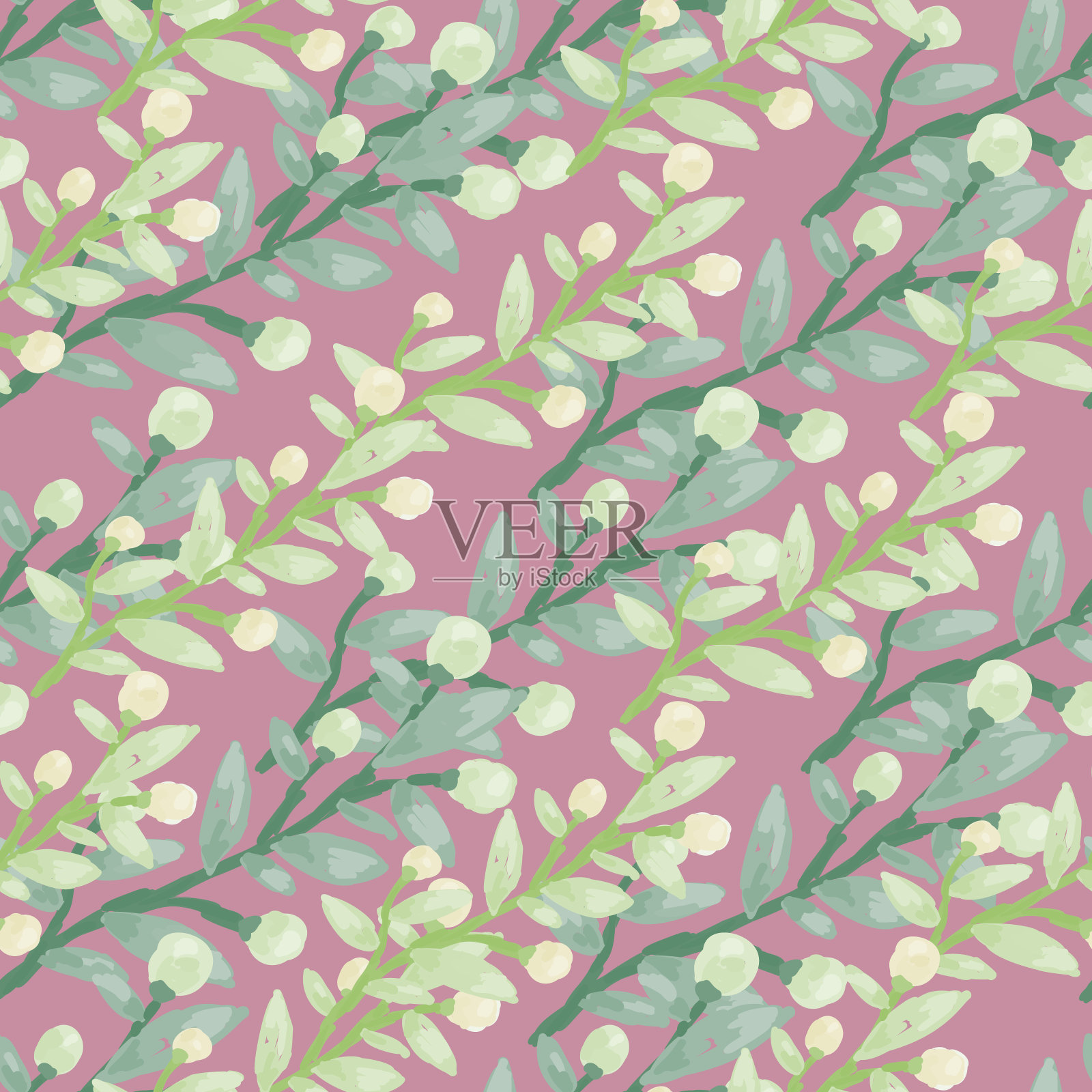 无缝模式与浆果树枝。手绘野生浆果花卉壁纸。插画图片素材