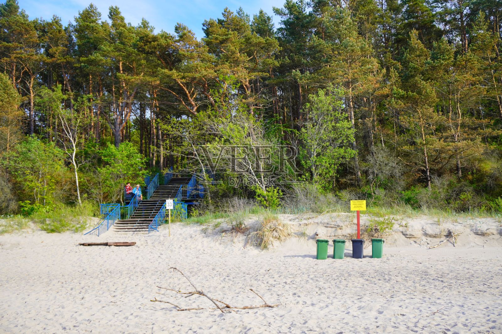 波兰Pobierowo的一个有垃圾桶的森林附近的阳光海滩照片摄影图片