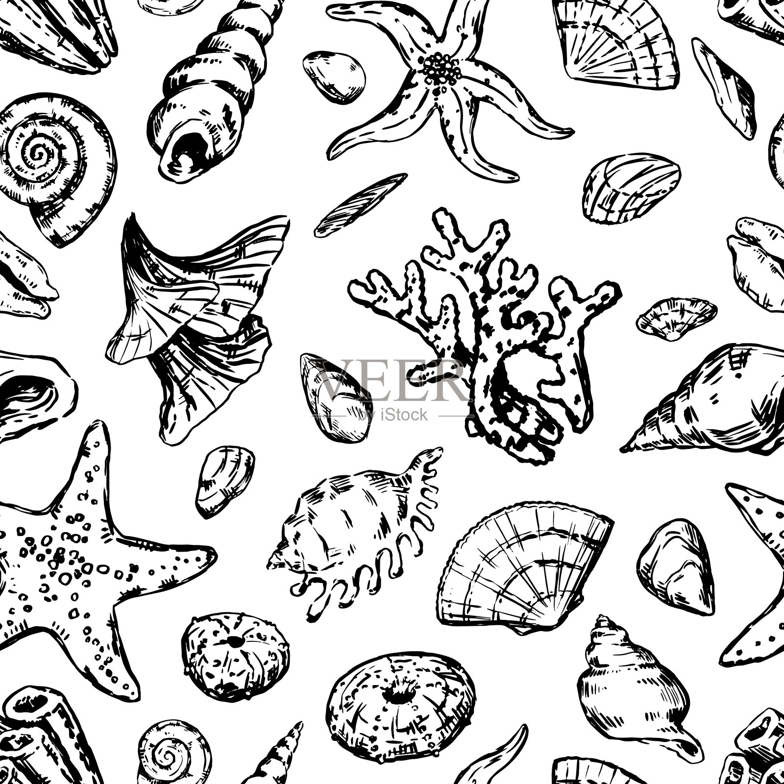 抽象的海洋装饰。海星、贝壳、石头、海藻、珊瑚的草图。矢量无缝模式的水下生命。复古的轮廓风格设计。插画图片素材