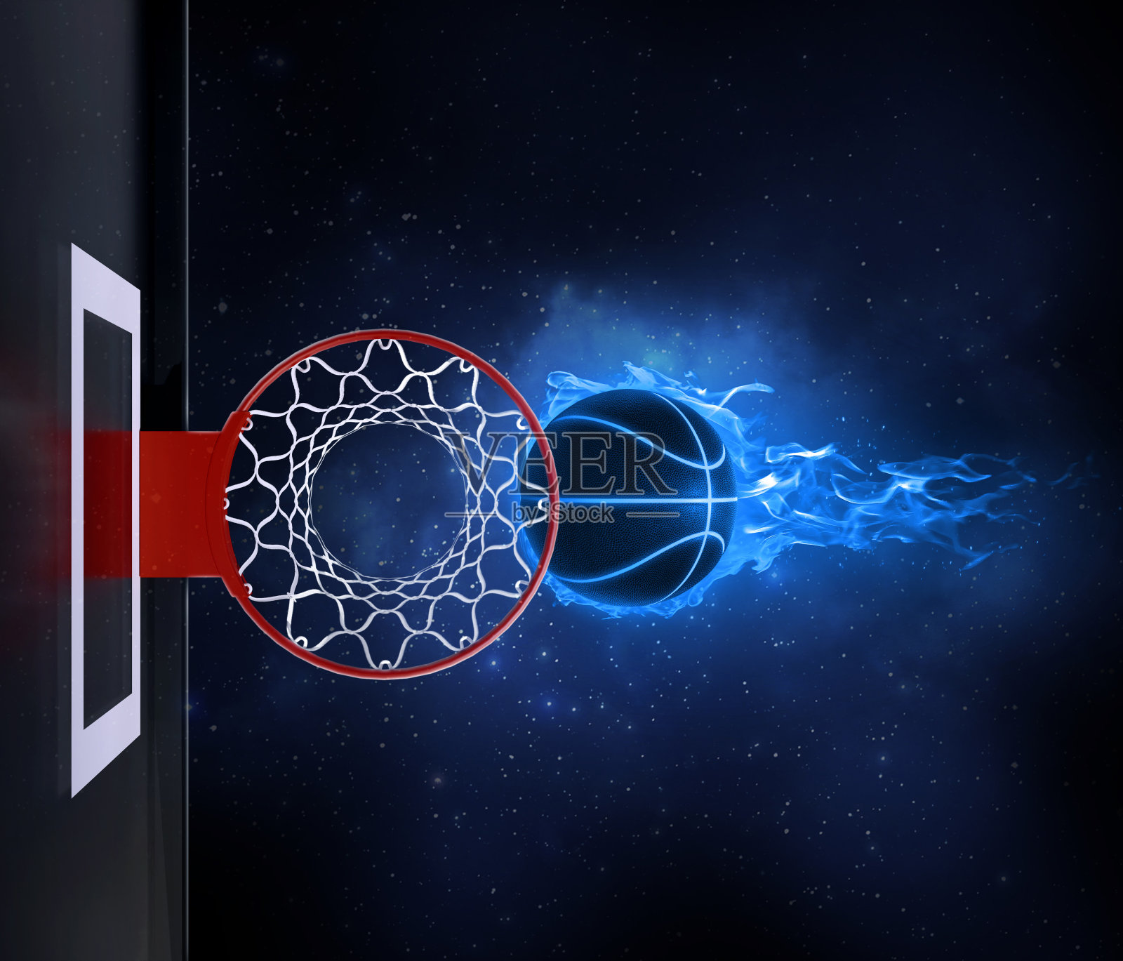 篮球上浅蓝色火焰漂浮在环位于行星视图从空间3d渲染照片摄影图片