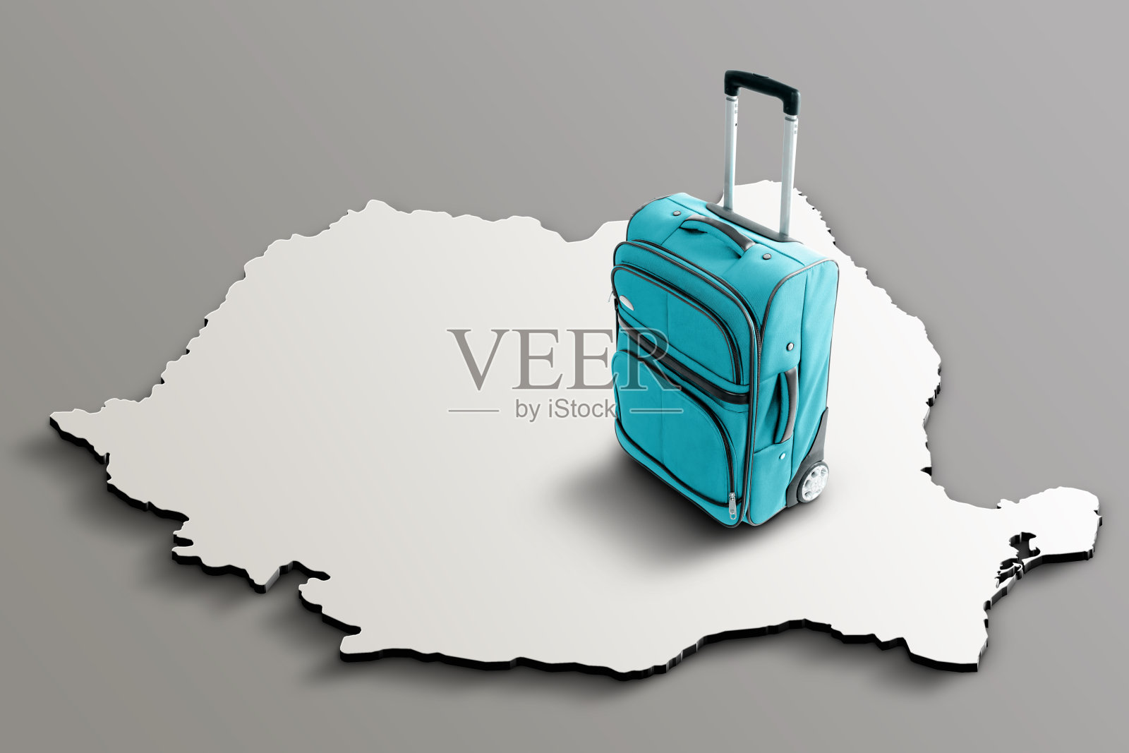 罗马尼亚三维地图上的蓝色行李箱照片摄影图片