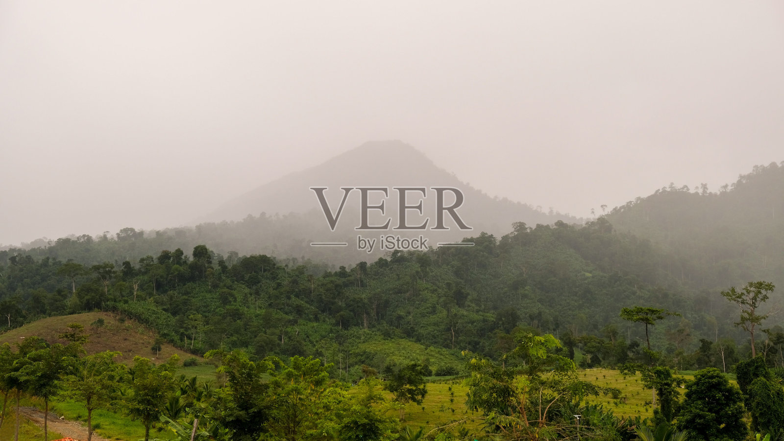 多云阴沉的天空覆盖着绿色的树木和轮廓的山丘照片摄影图片