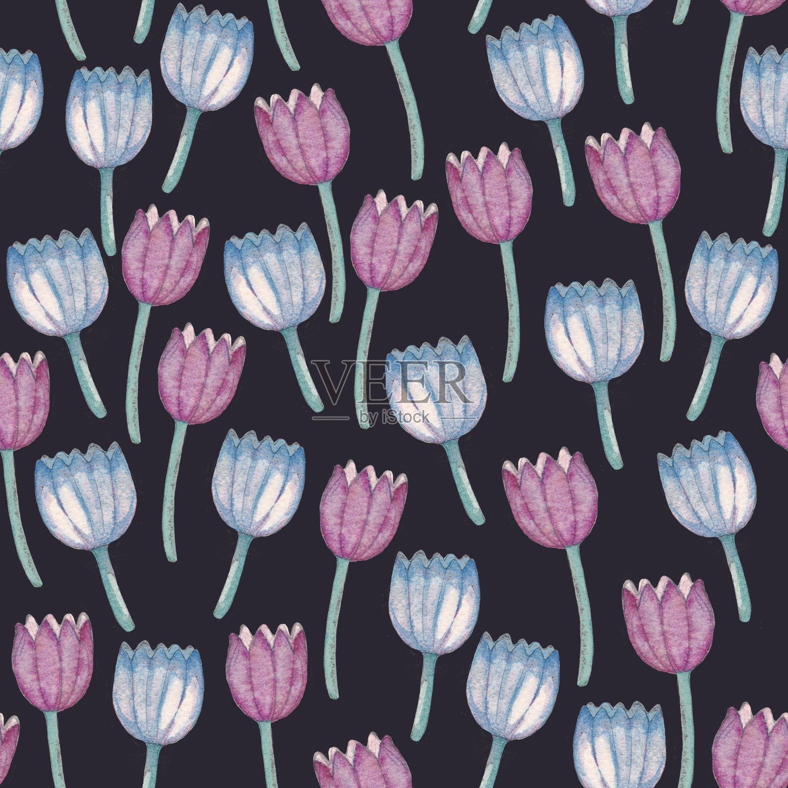 水彩画民间花卉无缝图案,野花背景,绿叶,观赏背景,风信子,深色茂盛背景插画图片素材