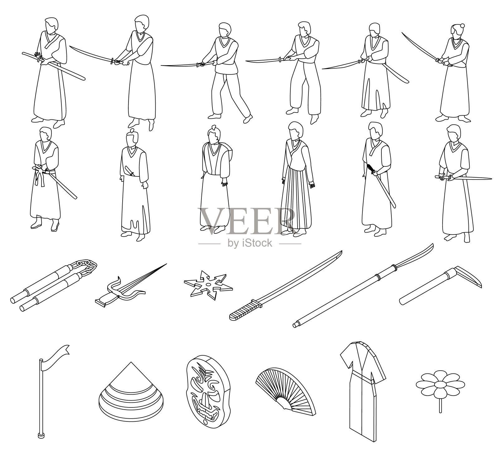 武士图标设置矢量轮廓插画图片素材