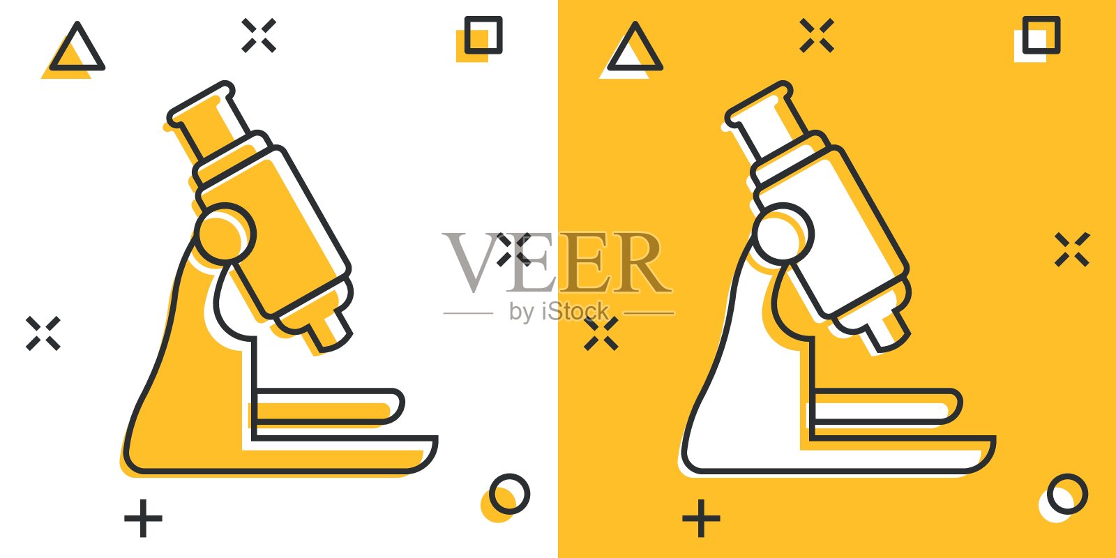 漫画风格的显微镜图标。实验室放大镜卡通矢量插图孤立的背景。生物仪器溅射效果标志经营理念。插画图片素材