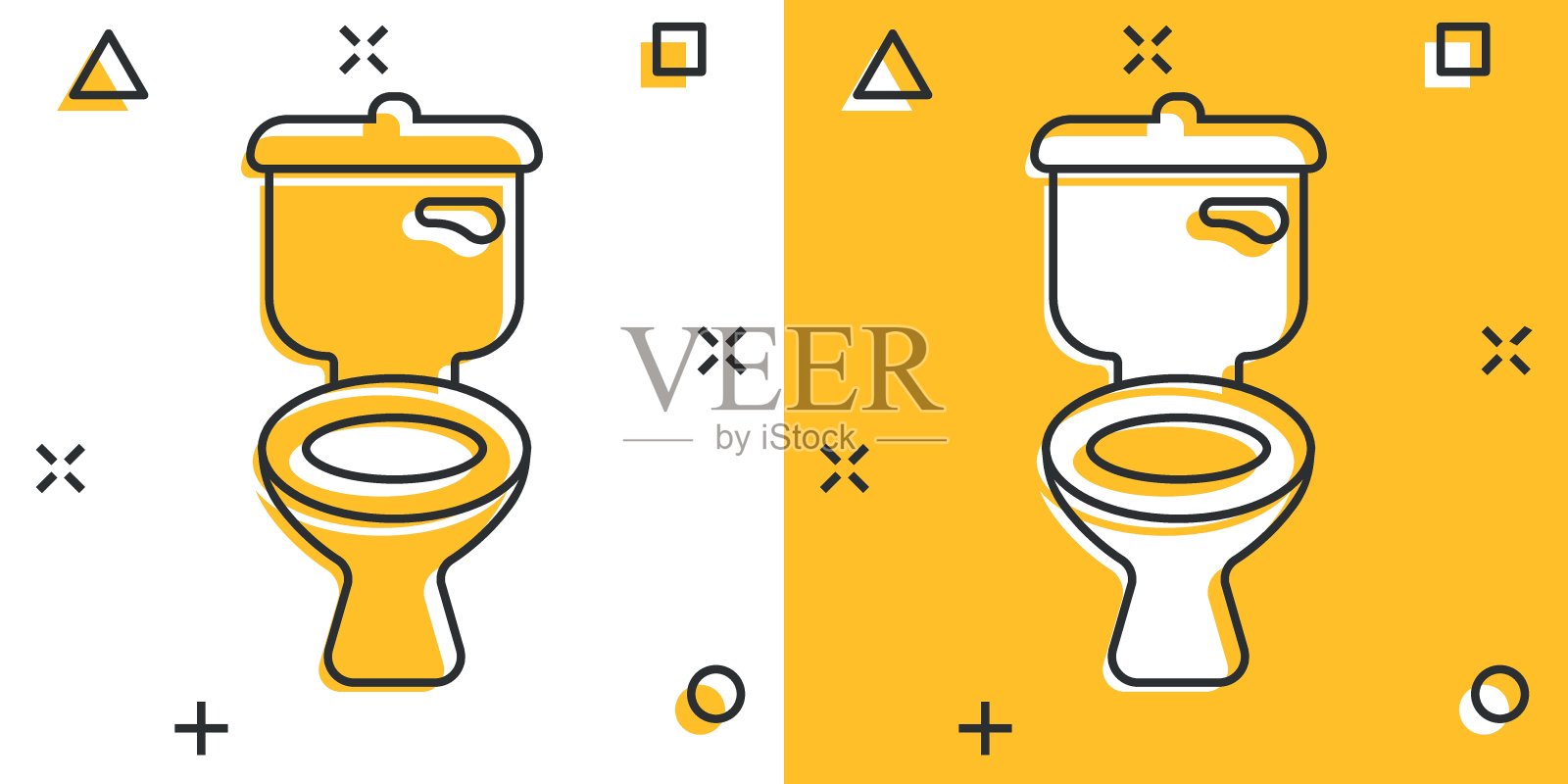 漫画风格的马桶图标。卫生卡通矢量插图在孤立的背景。WC厕所飞溅效果招牌经营理念。插画图片素材