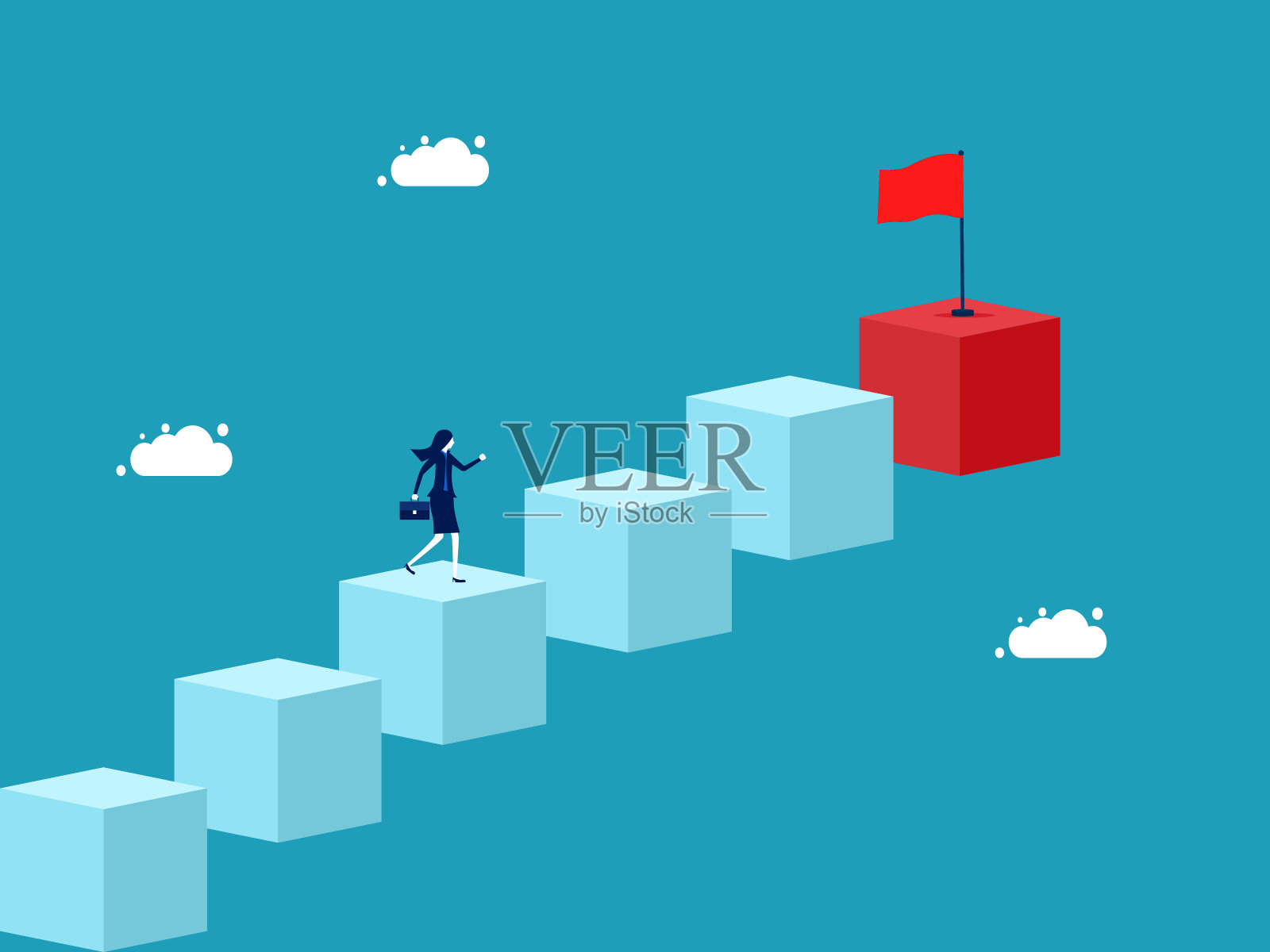 女商人一步步走向最终目标。工作理念一步一步向目标迈进插画图片素材