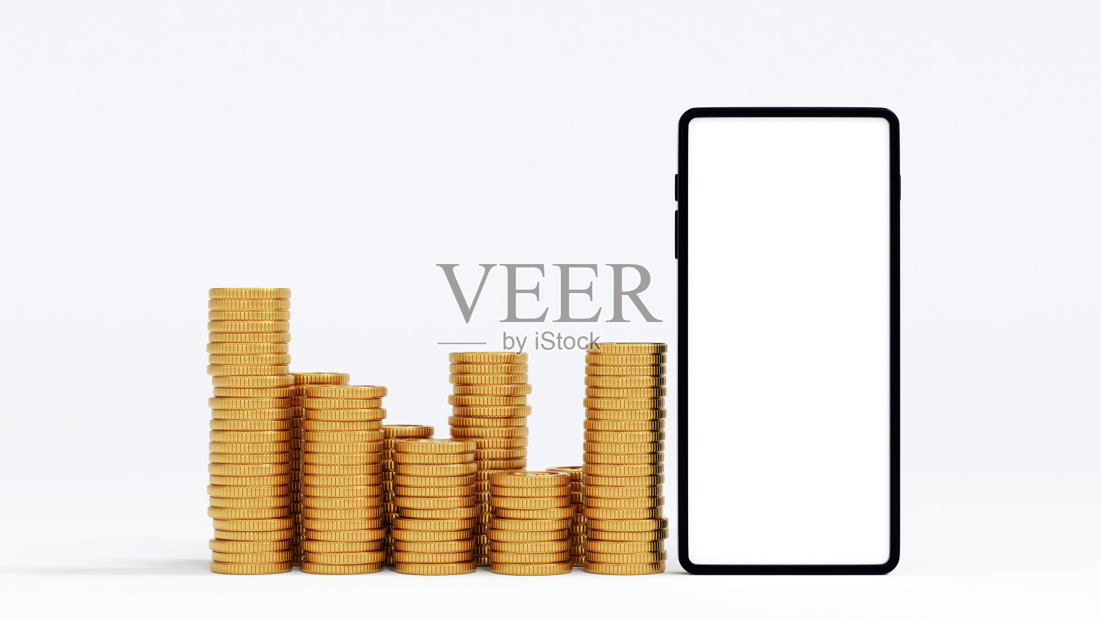 智能手机与金币堆叠,概念管理在线业务与手机。3 d渲染。照片摄影图片