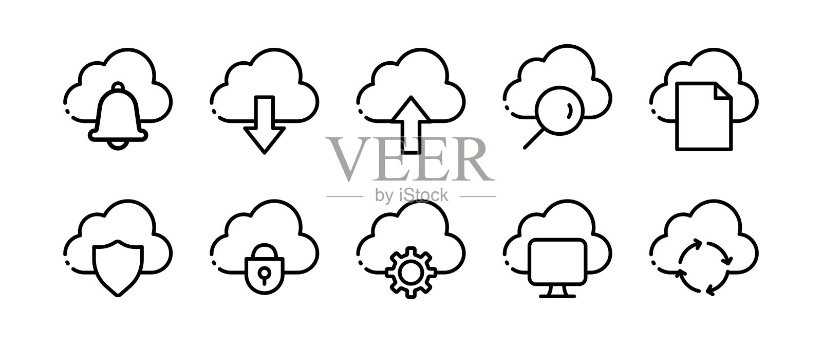 云集图标。云存储、交换、神经网络、数据存储、数据库、远程访问、云服务、人工智能。白色背景上的矢量线图标图标素材