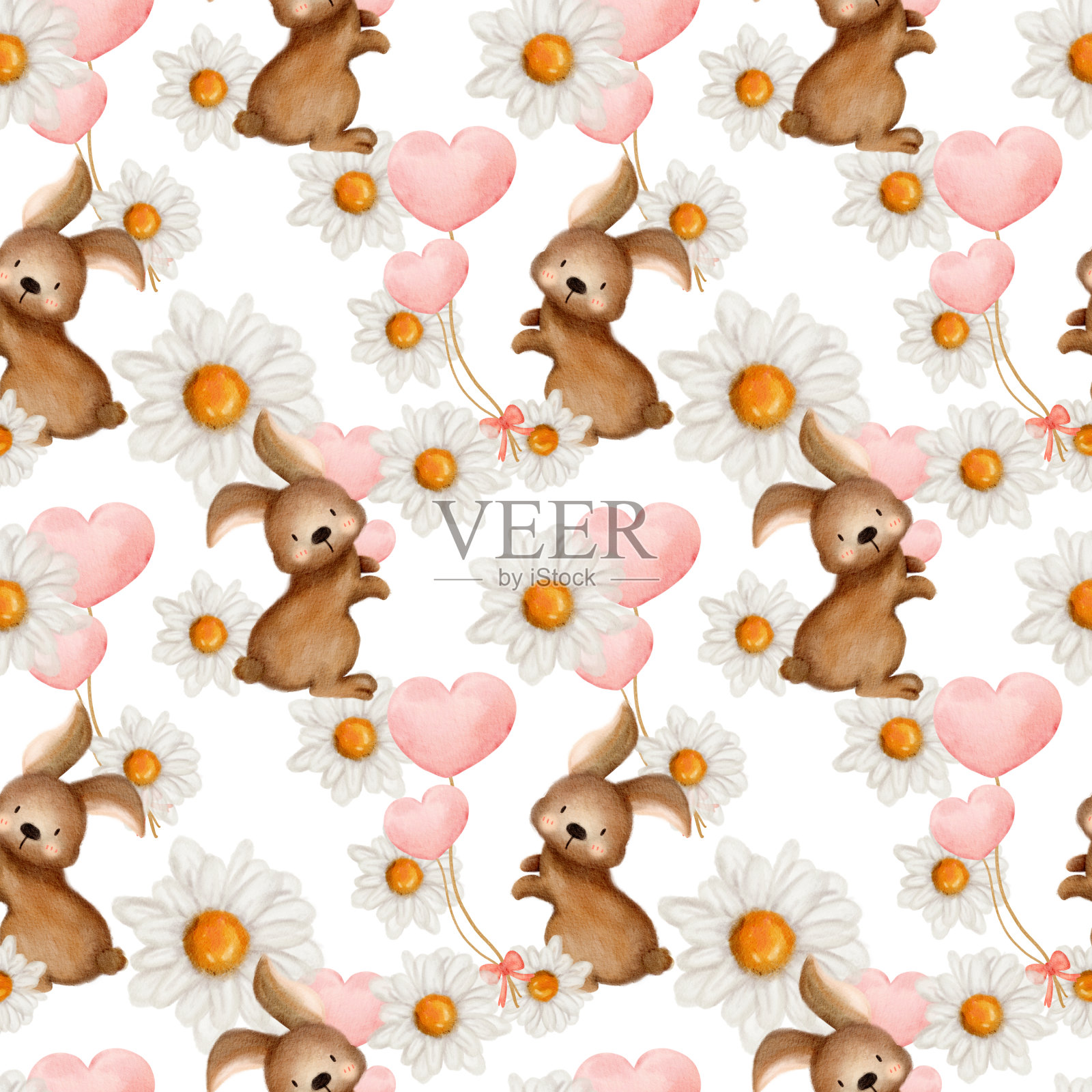 兔子和雏菊花水彩无缝图案插画图片素材