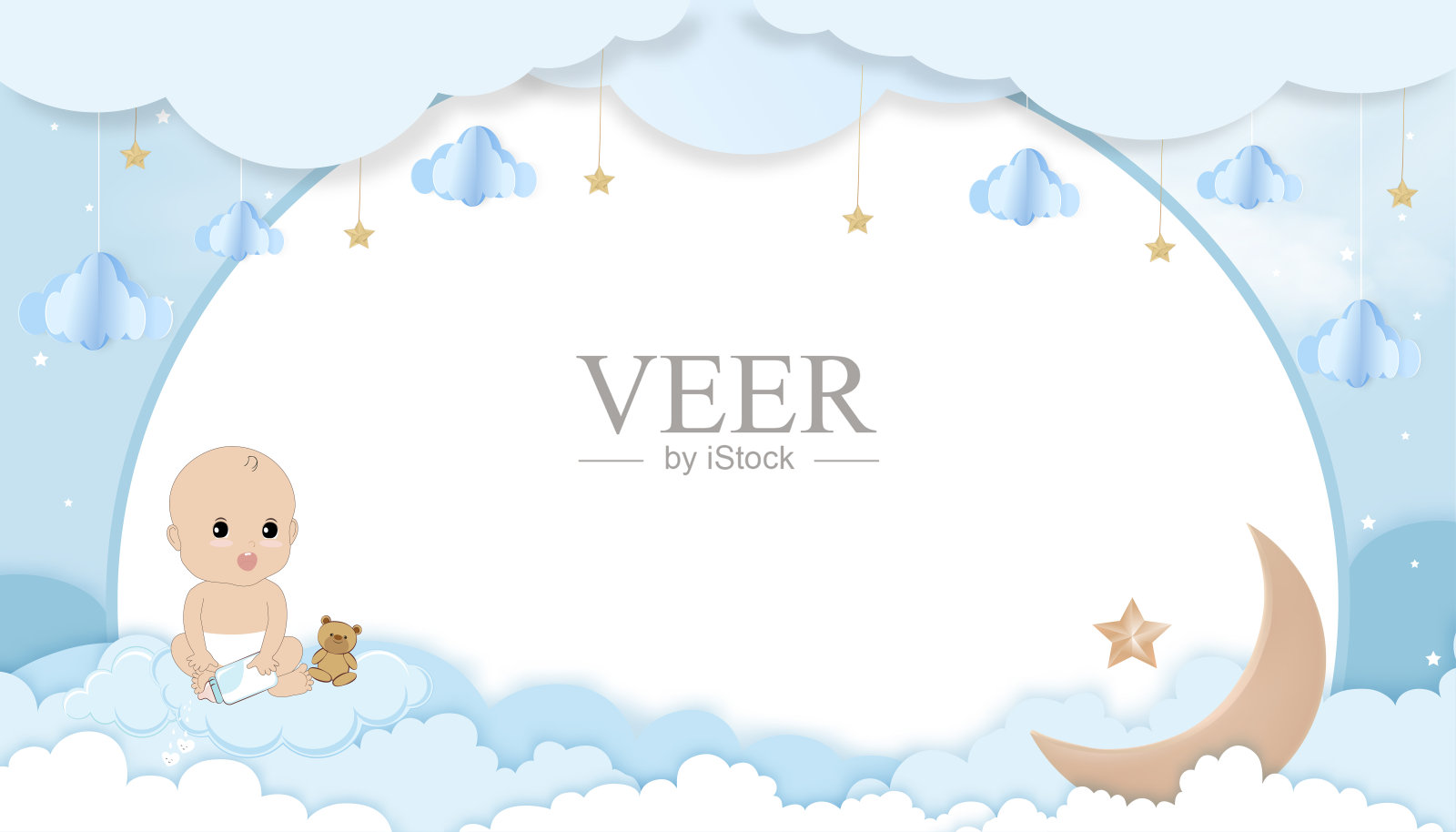 宝宝淋浴邀请可爱的双胞胎男孩抱着奶瓶坐在泰迪熊,纸艺术云景,新月,蓝色背景上的星星,矢量卡与复制空间的宝宝的照片插画图片素材