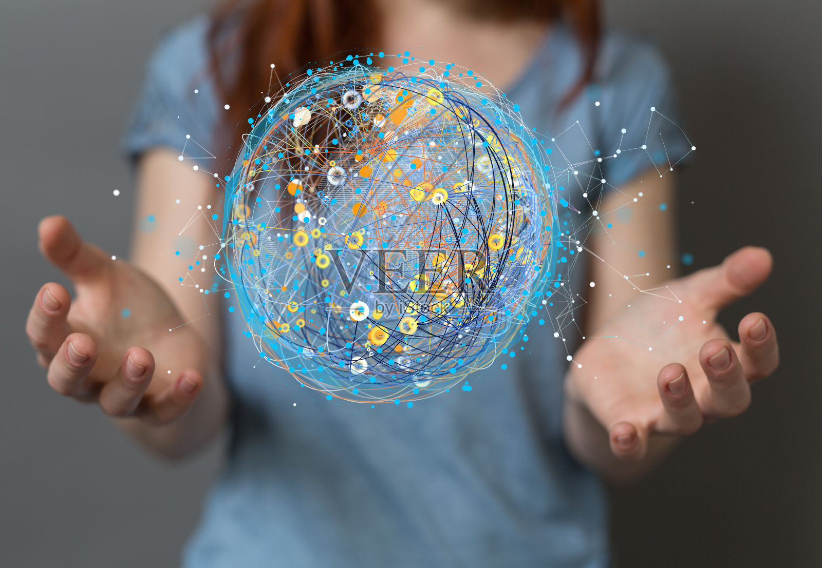 三维插图的全球神经网络在手中-细胞与链接连接照片摄影图片