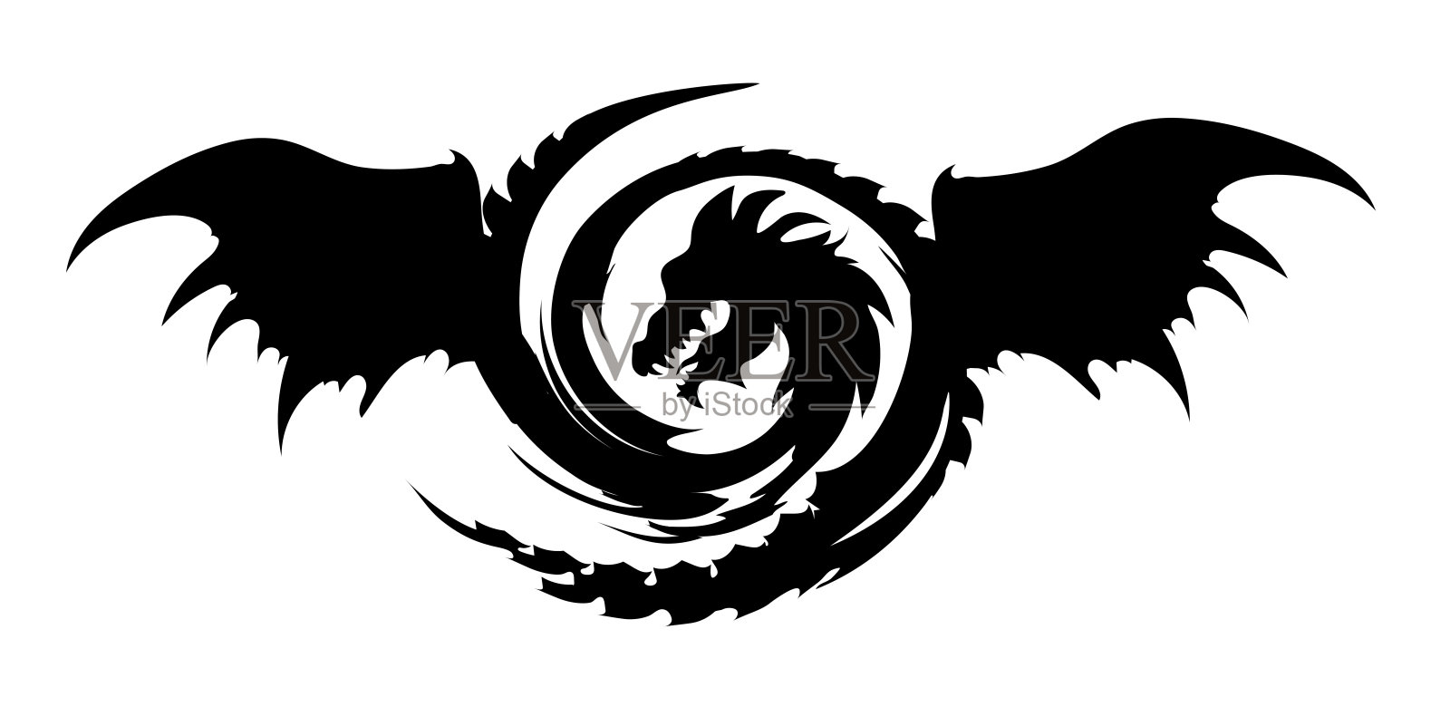 龙的头和翅膀。龙的迹象。黑色剪影孤立在白色背景上。插画图片素材