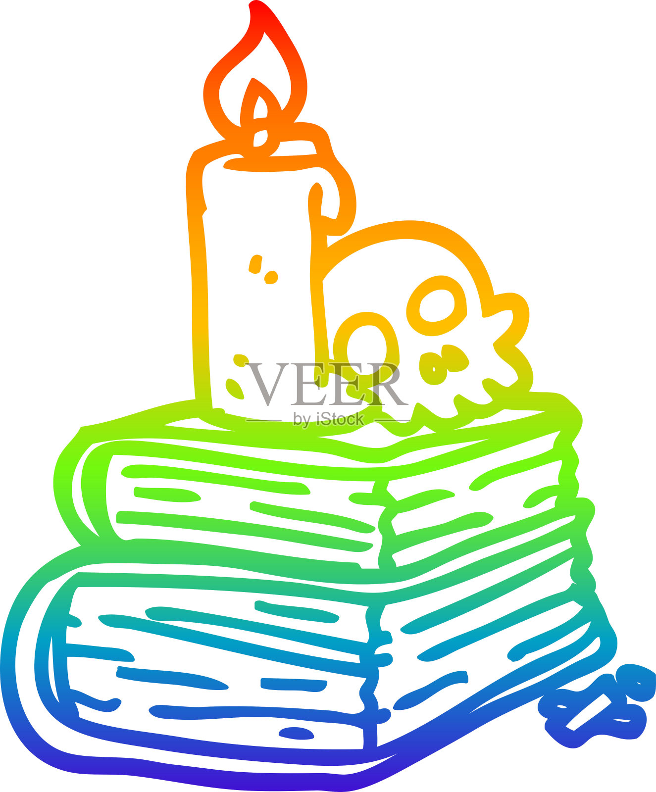 彩虹渐变线画的一个卡通幽灵旧咒语书插画图片素材