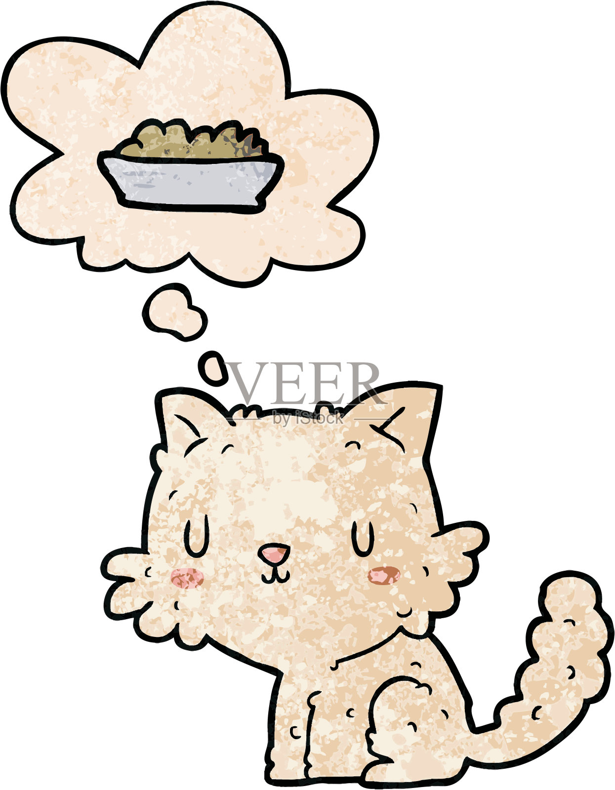 卡通猫和食物与垃圾质感风格的思想泡泡插画图片素材