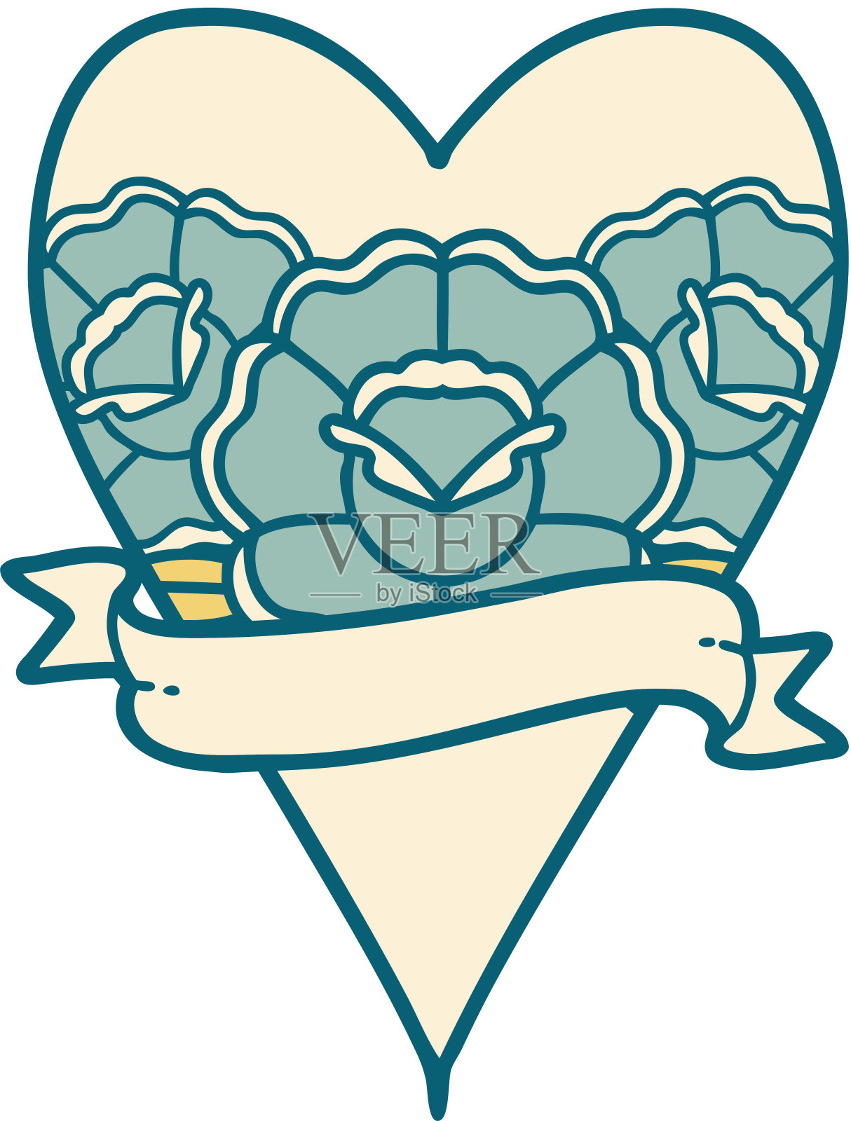 标志性的纹身风格的心脏和横幅与花的形象设计元素图片