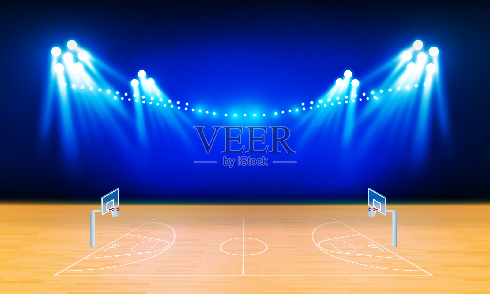 篮球场场地采用明亮的体育场灯光设计。插画图片素材