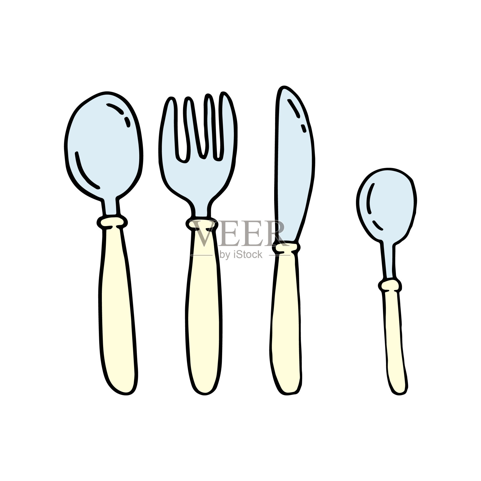 涂鸦风格的餐具。白色背景上的勺子、叉子和刀子插画图片素材