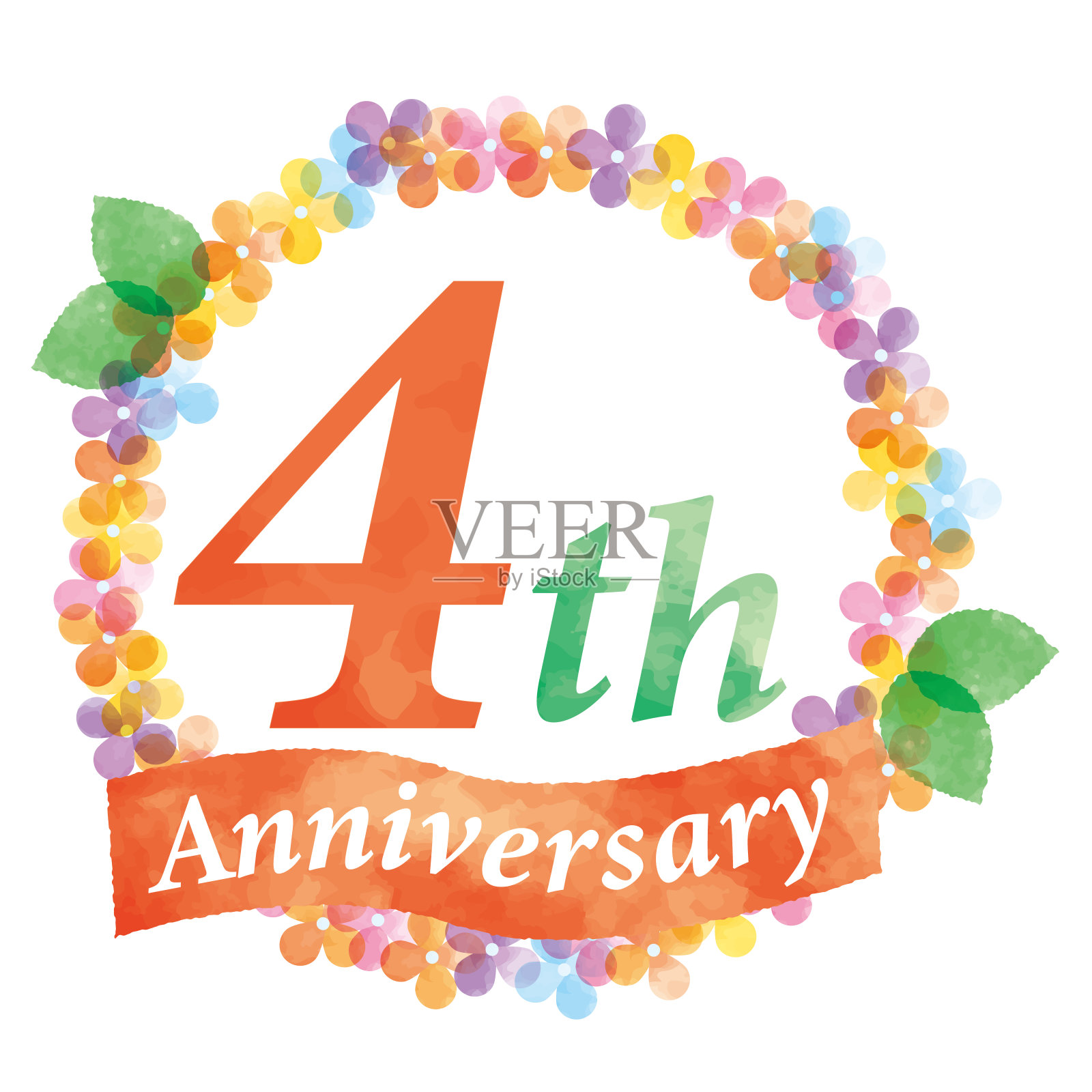 四周年纪念画框上装饰着五颜六色的花朵插画图片素材