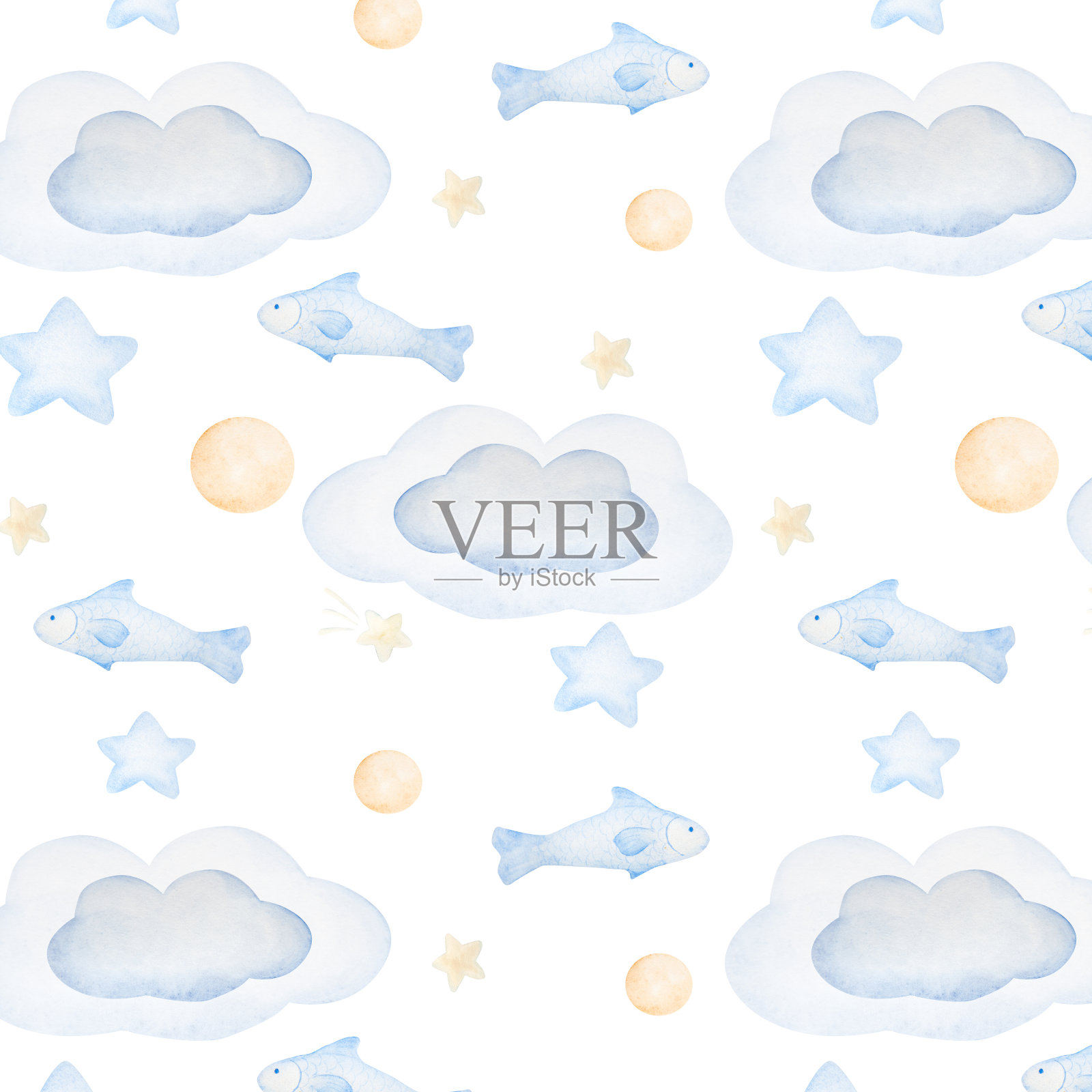 水彩无缝图案与鱼,球和星星在柔和的颜色在白色的背景插画图片素材