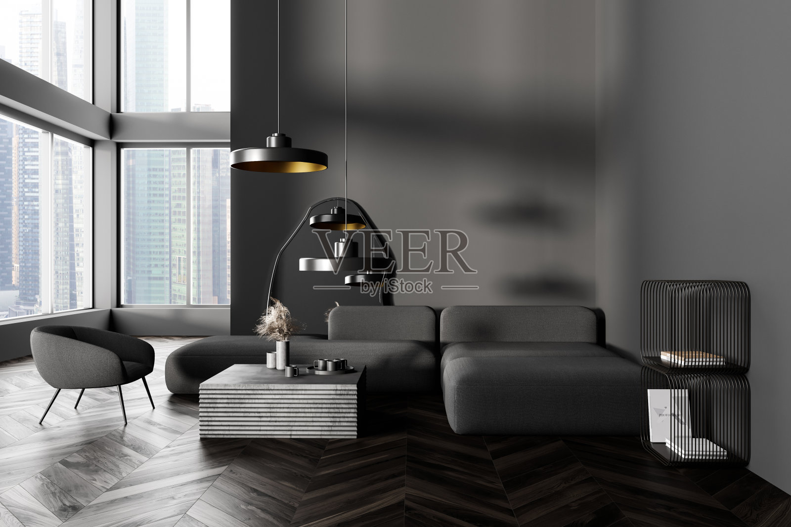 黑暗的客厅内部的正面视图,沙发,扶手椅,照片摄影图片