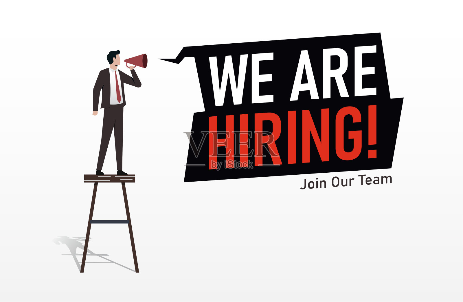 商人拿着扩音器,上面写着我们正在招聘。企业招聘设计理念。加入我们的团队公告插画图片素材