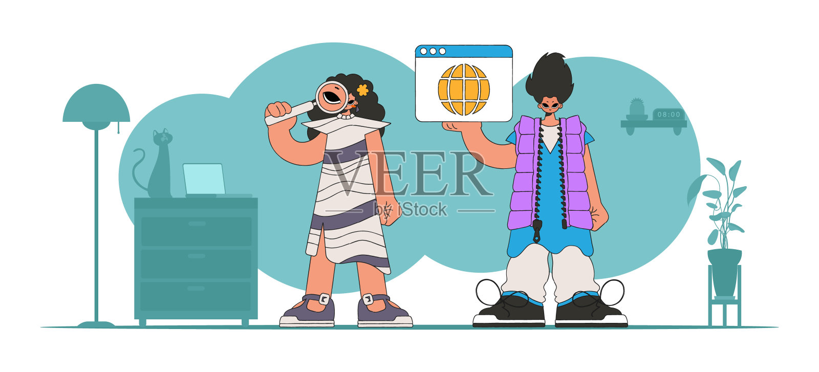 一个女孩和一个男孩寻找信息的明亮而时尚的插图。趋势特征鲜明。完美地为您的项目添加现代和科技的触摸。插画图片素材