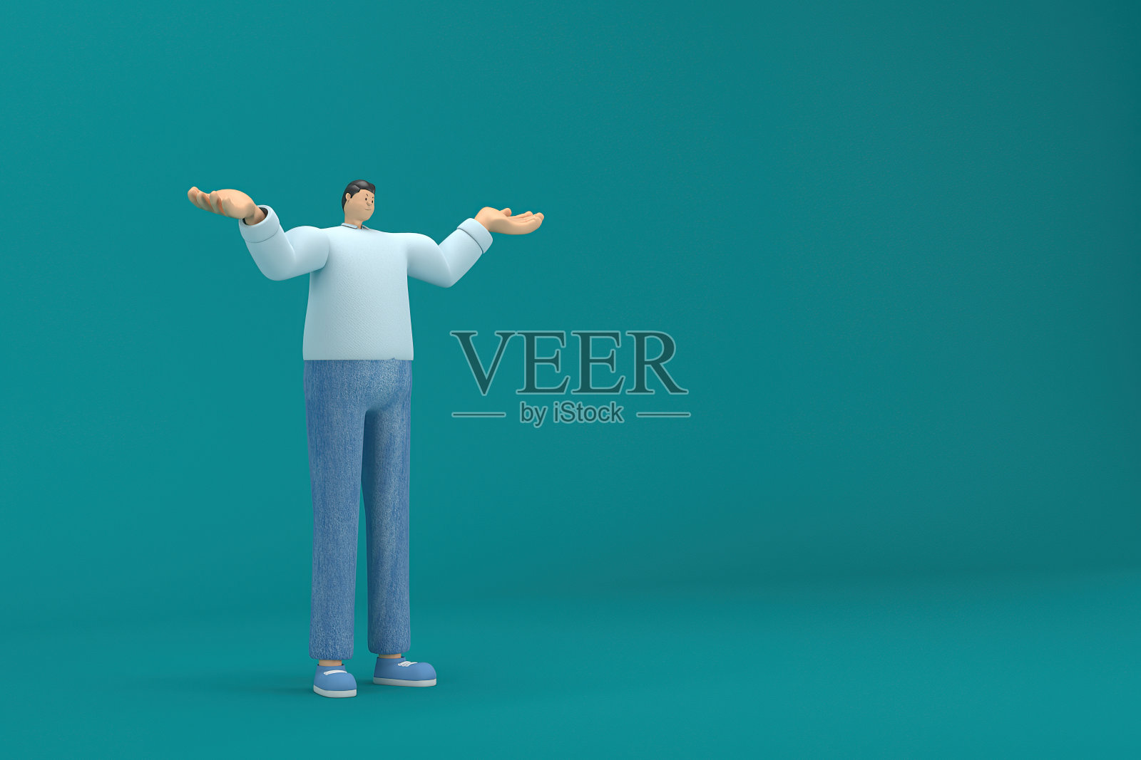 卡通人物穿着牛仔裤和长衬衫。他说话时手脚都很灵活。表演中的3d渲染。照片摄影图片