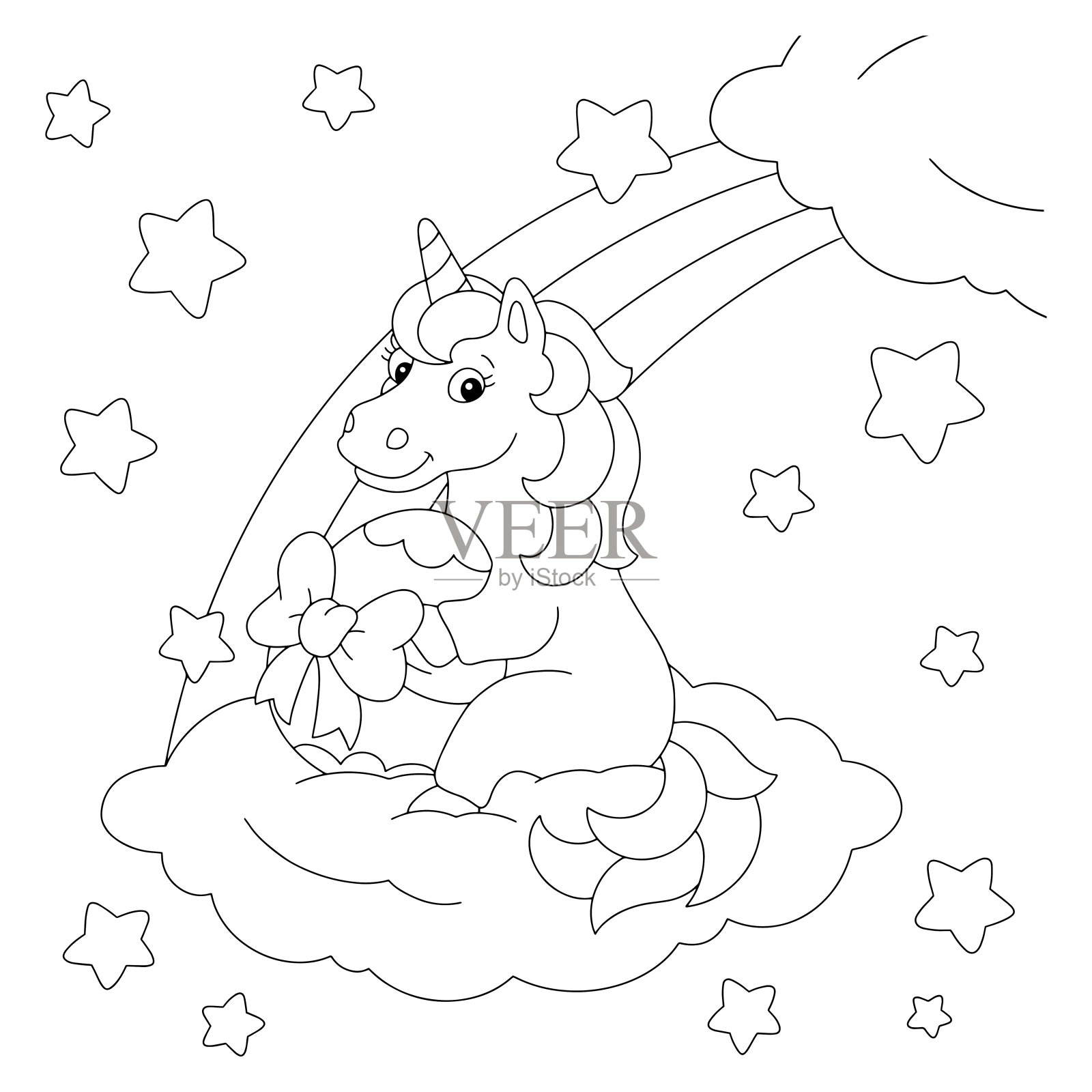 独角兽带着礼物坐在云端。儿童填色书页。卡通风格的人物。矢量插图隔离在白色背景上。插画图片素材