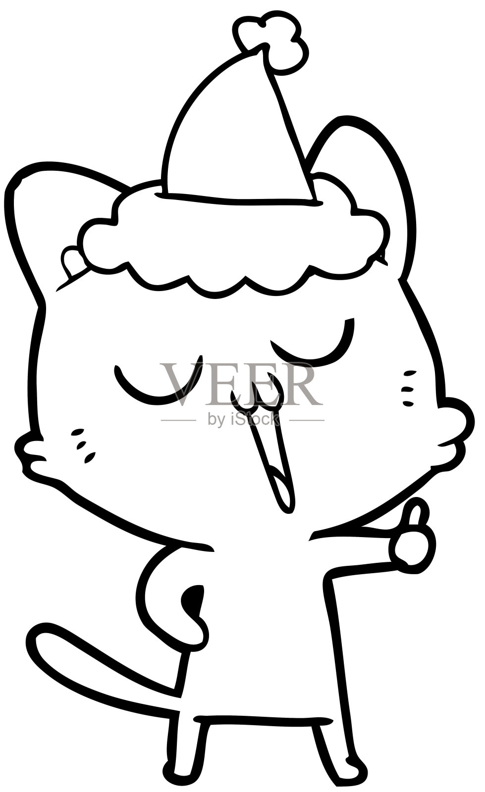 手绘线画的猫唱歌戴着圣诞老人的帽子设计元素图片