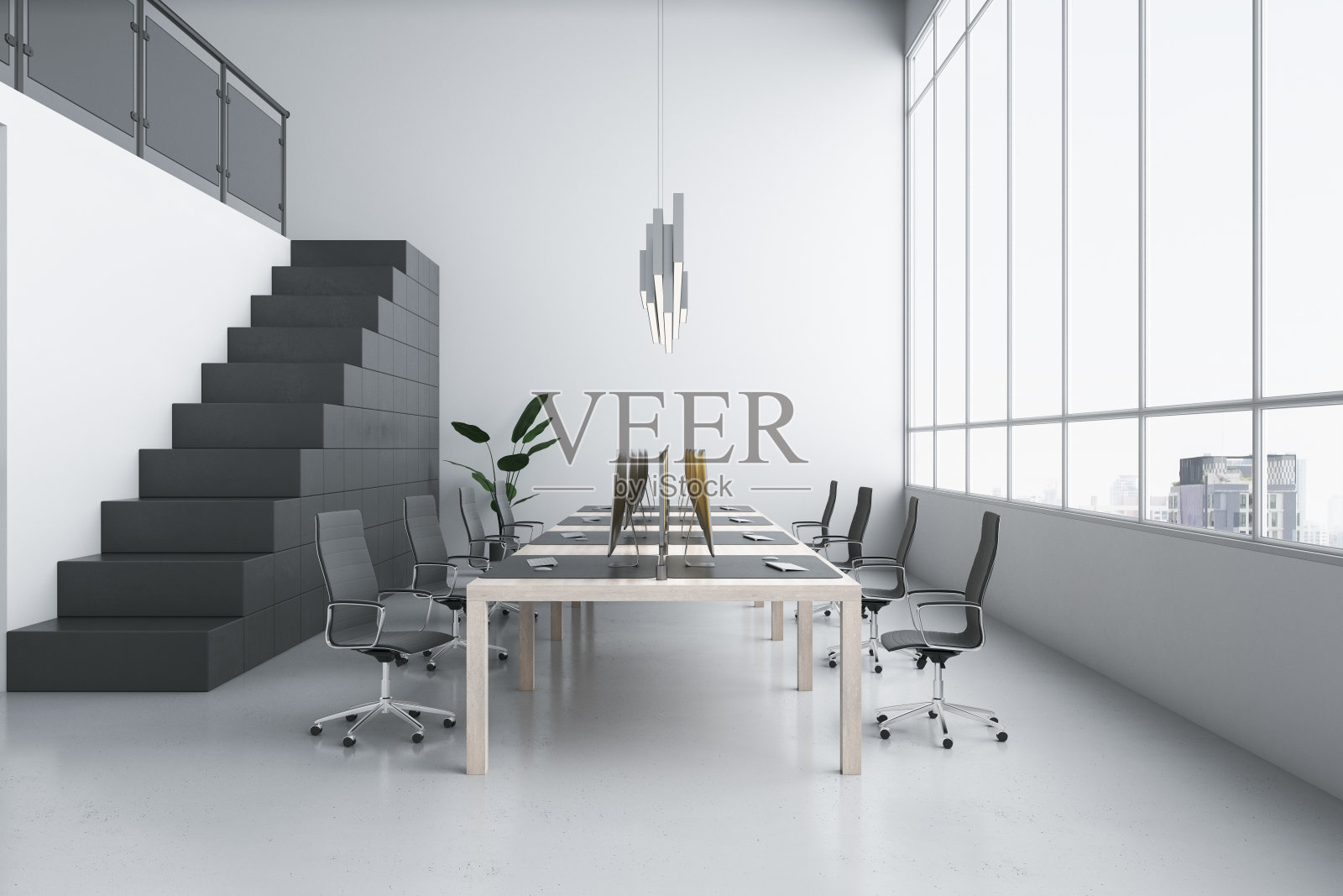 时尚的办公空间,单色室内设计,深色楼梯,浅色木桌,白色墙壁背景上的现代电脑,从巨大的窗户可以看到城市景观。三维渲染照片摄影图片