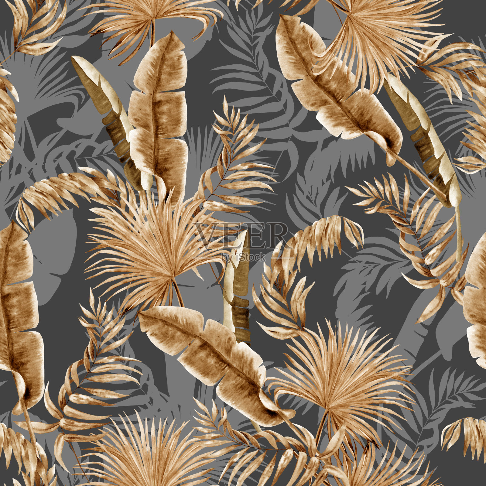 热带水彩干叶无缝图案。波西米亚风格的奇异植物树枝。夏日丛林无尽的背景织物和壁纸。插画图片素材